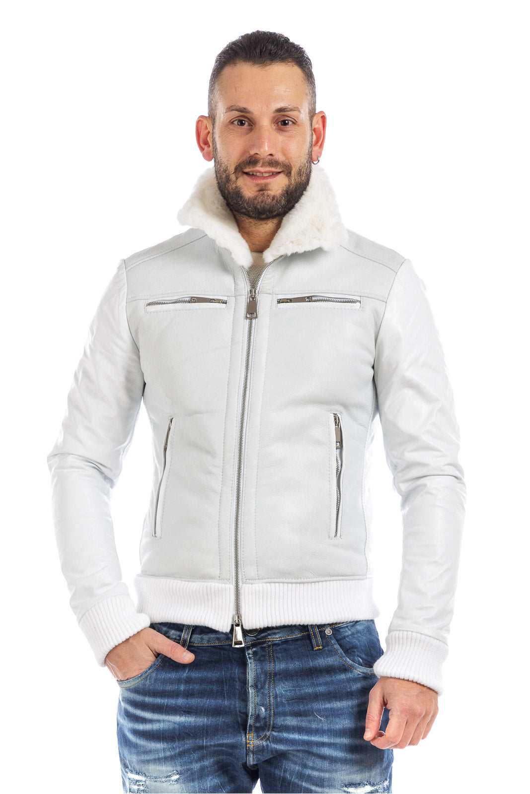 Bomber montone shearling uomo bianco pelo bianco