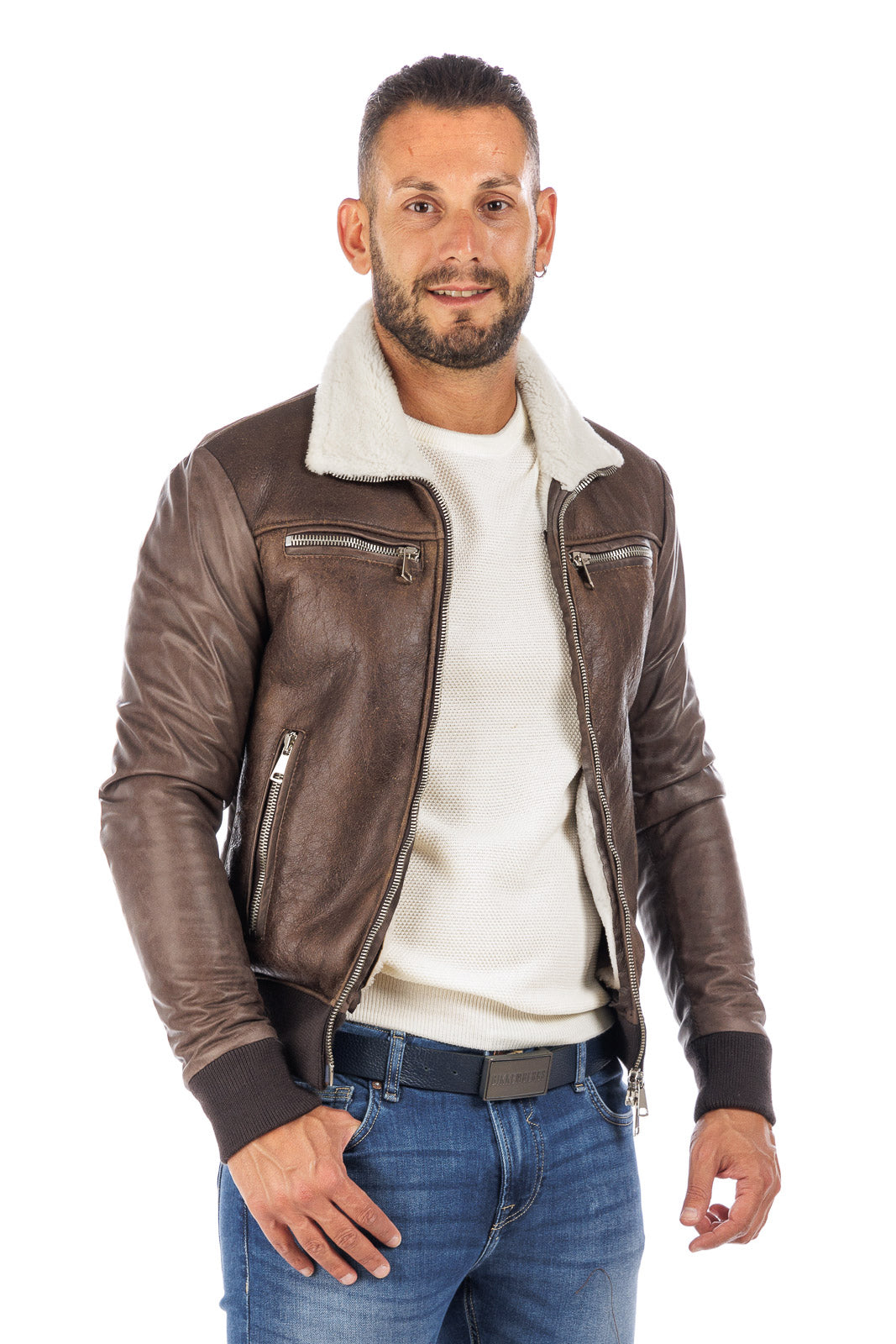 Bomber montone shearling uomo marrone pelo bianco