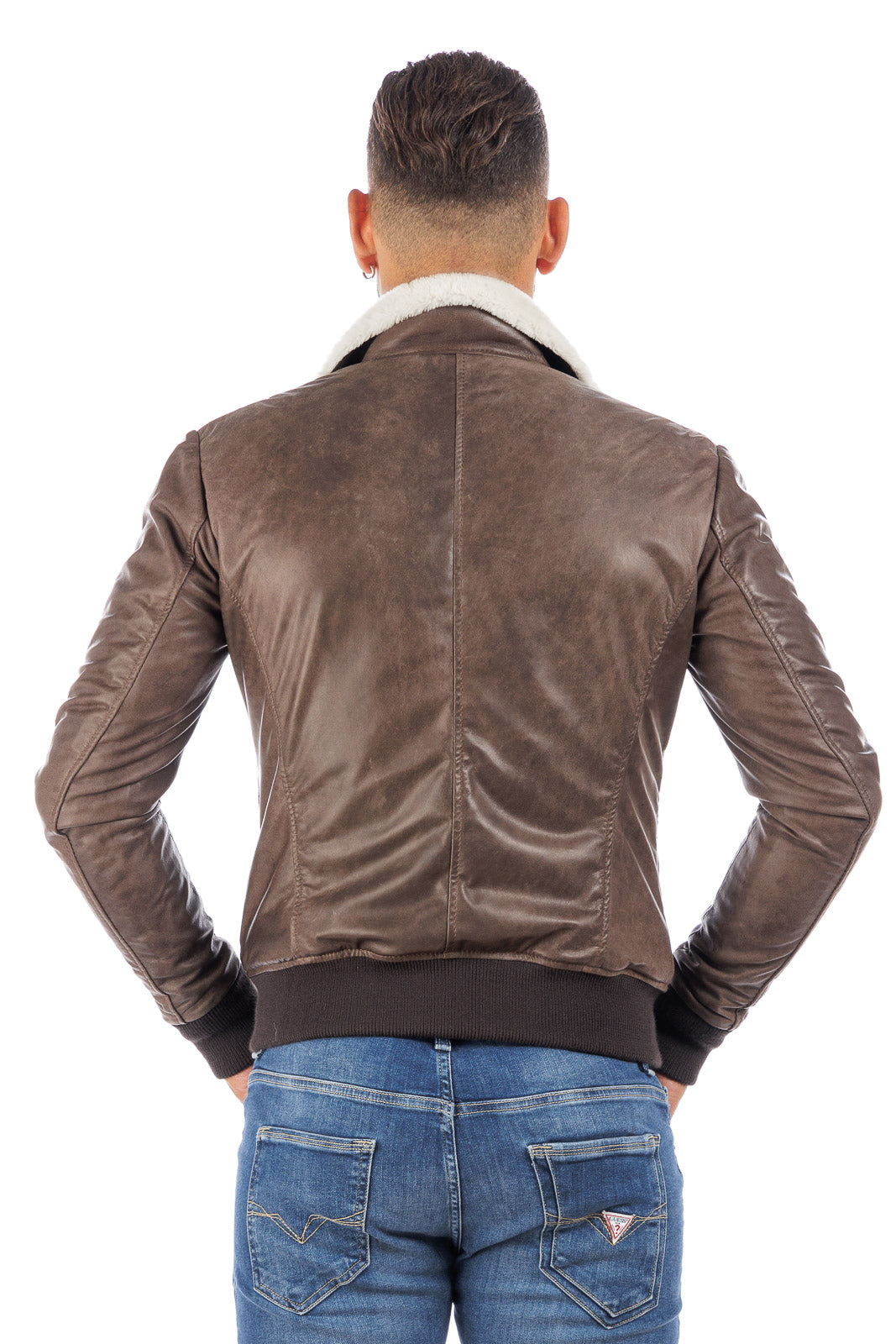 Bomber montone shearling uomo marrone pelo bianco