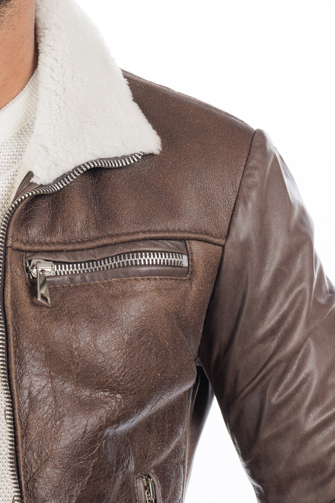 Bomber montone shearling uomo marrone pelo bianco