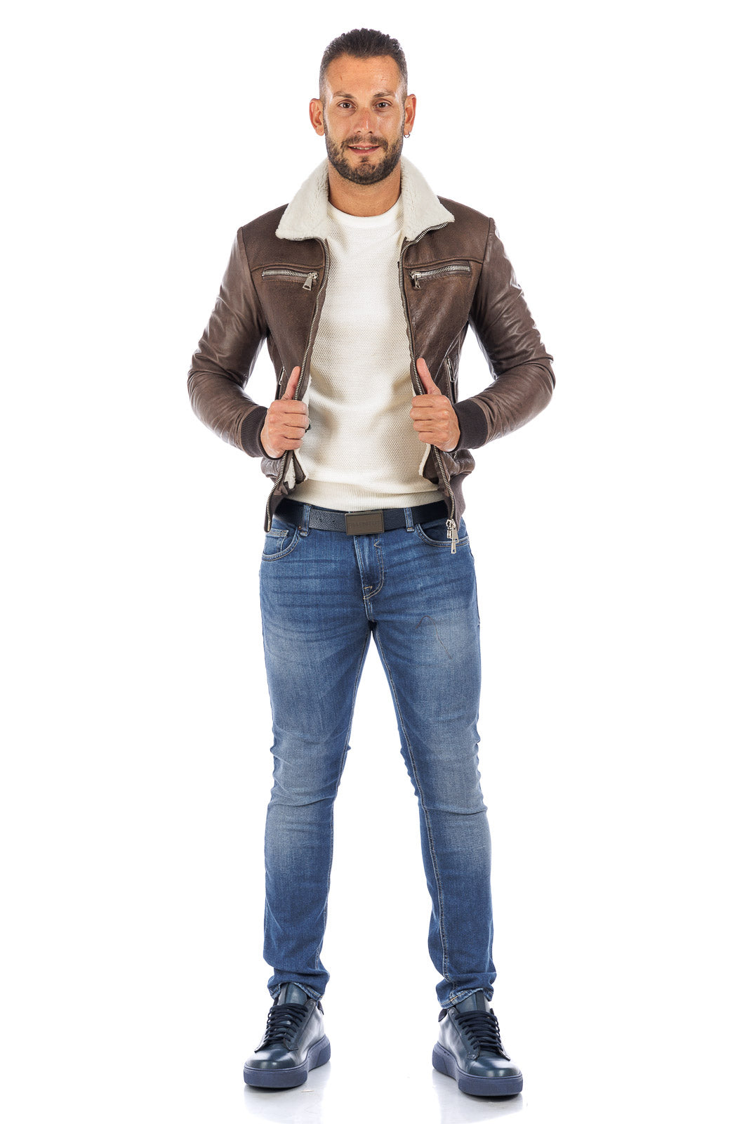Bomber montone shearling uomo marrone pelo bianco