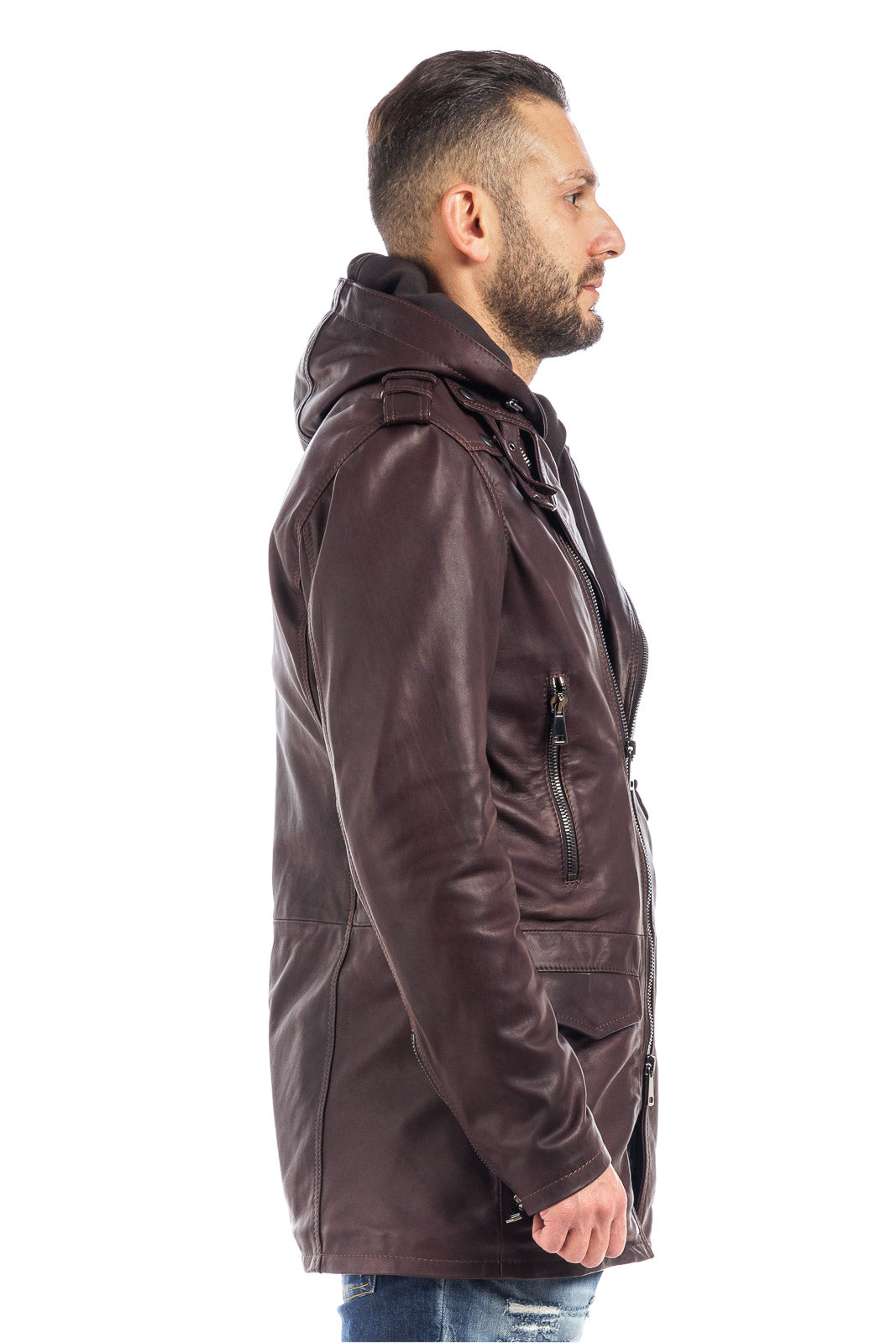 Cappottino chiodo in vera pelle uomo con zip marrone vinaccia