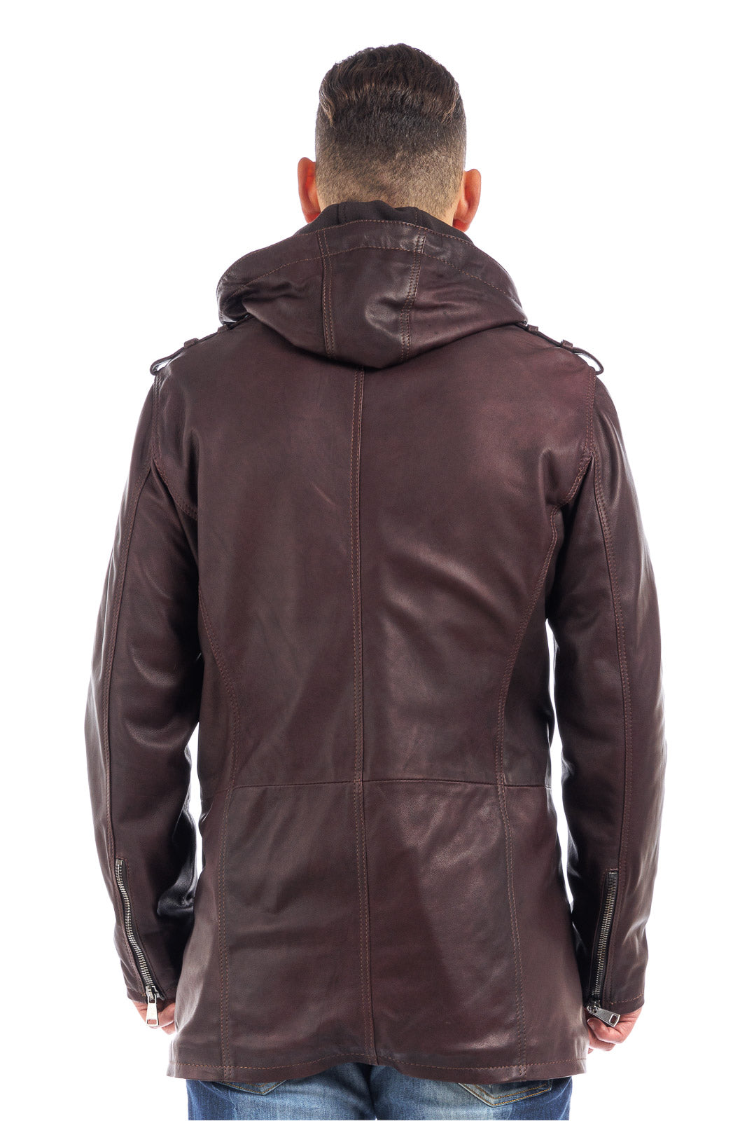 Cappottino chiodo in vera pelle uomo con zip marrone vinaccia