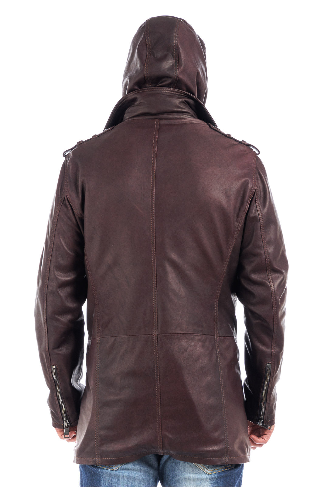 Cappottino chiodo in vera pelle uomo con zip marrone vinaccia