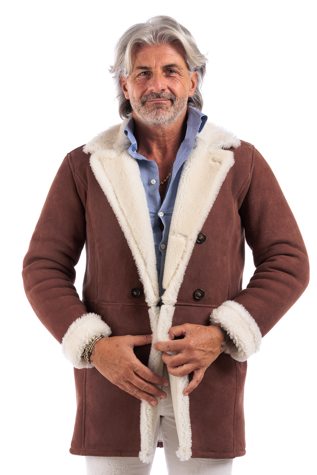 Cappottino doppio petto montone ruggine con pelo bianco