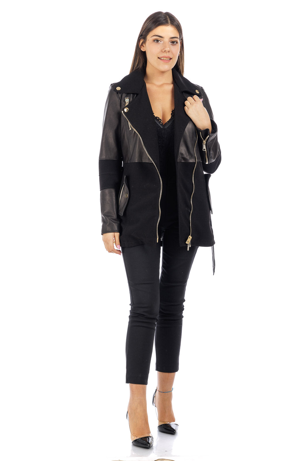 Cappotto nero con zip chiodo tessuto e pelle