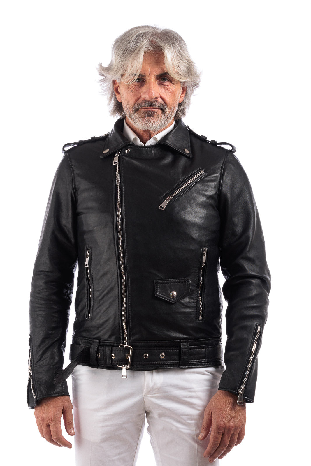 Chiodo in vera pelle uomo con zip e cintura nero