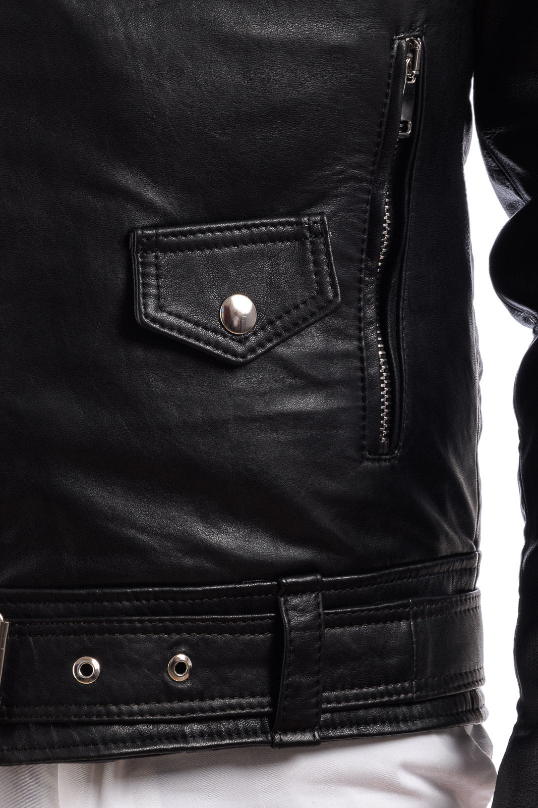 Chiodo in vera pelle uomo con zip e cintura nero