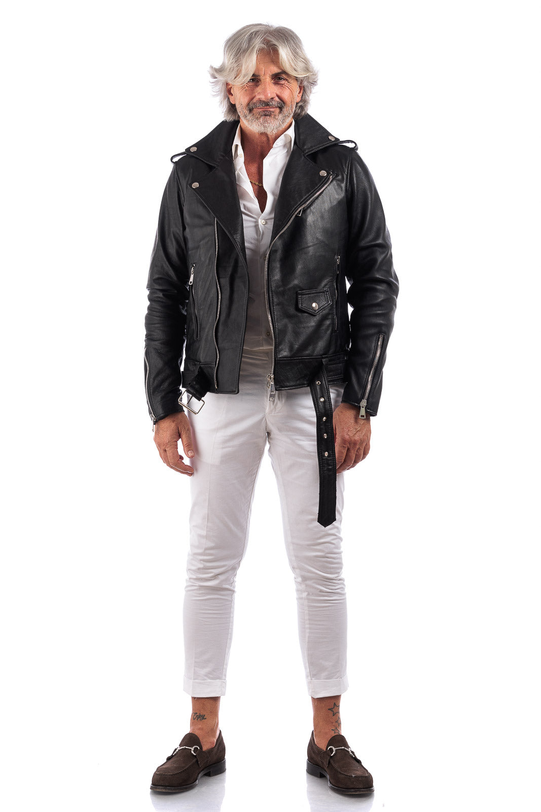 Chiodo in vera pelle uomo con zip e cintura nero