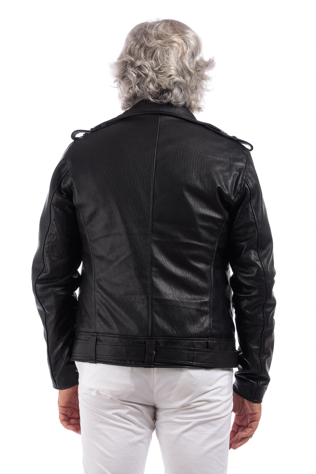 Chiodo in vera pelle uomo con zip e cintura nero