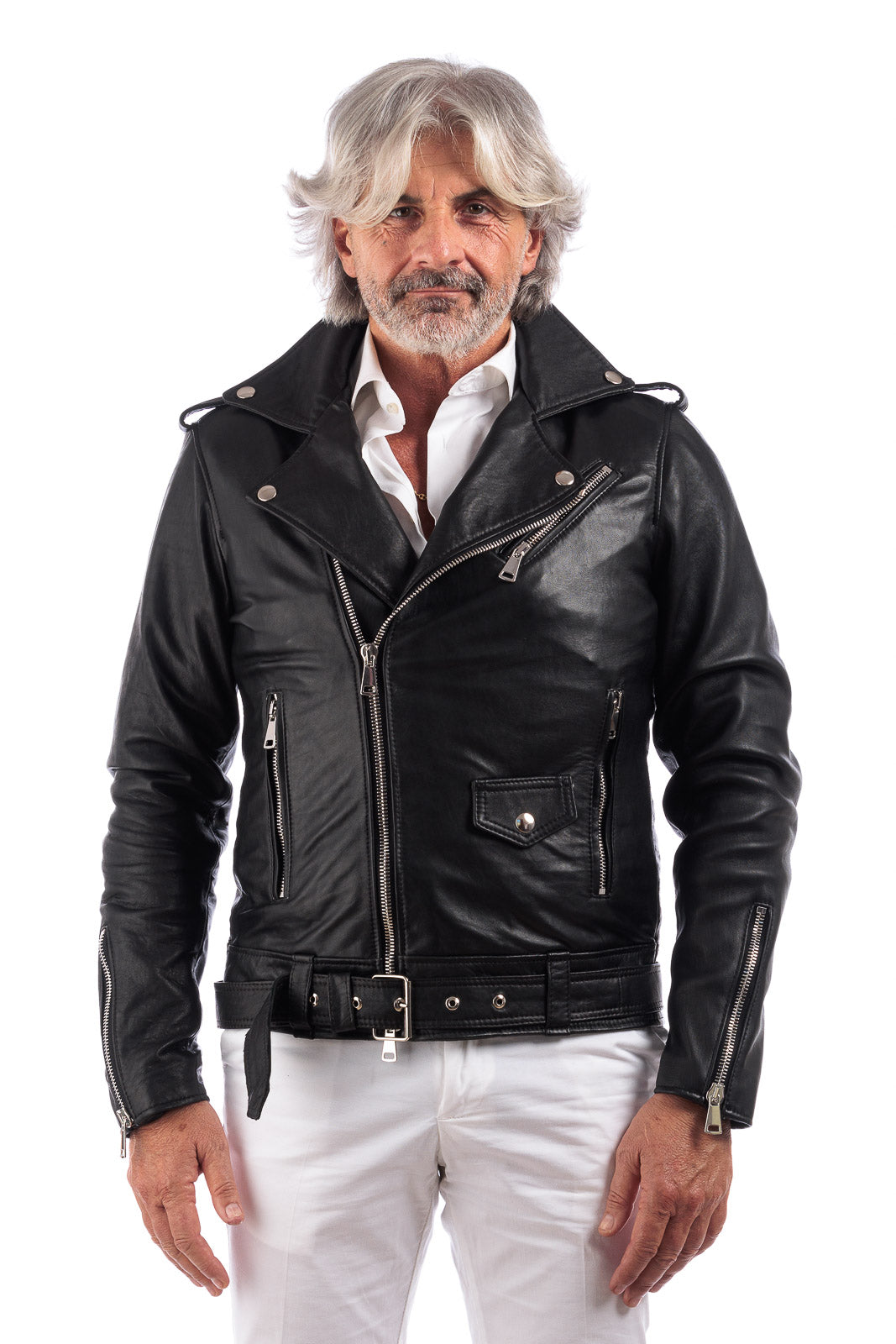 Chiodo in vera pelle uomo con zip e cintura nero