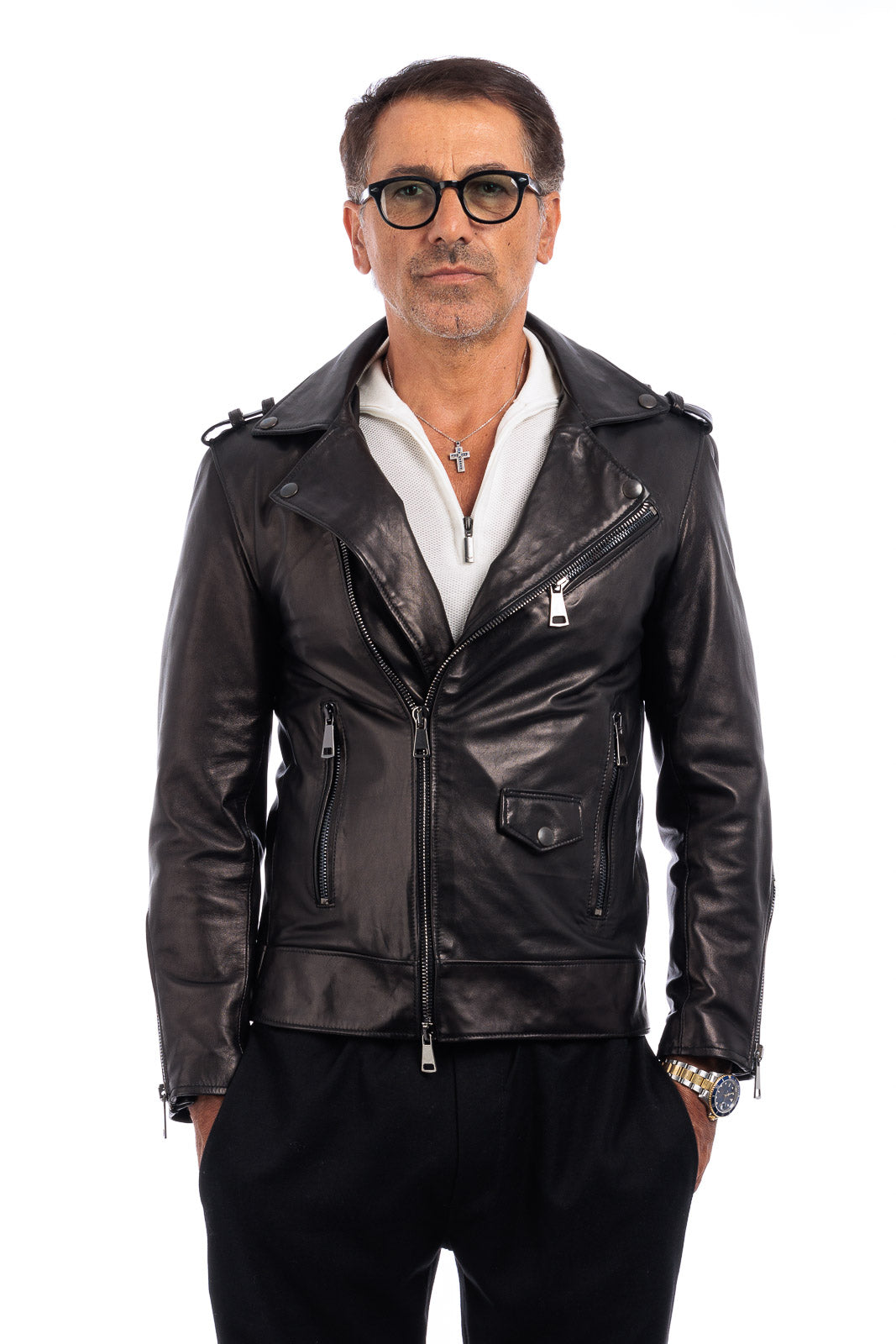Chiodo in vera pelle uomo con zip nero