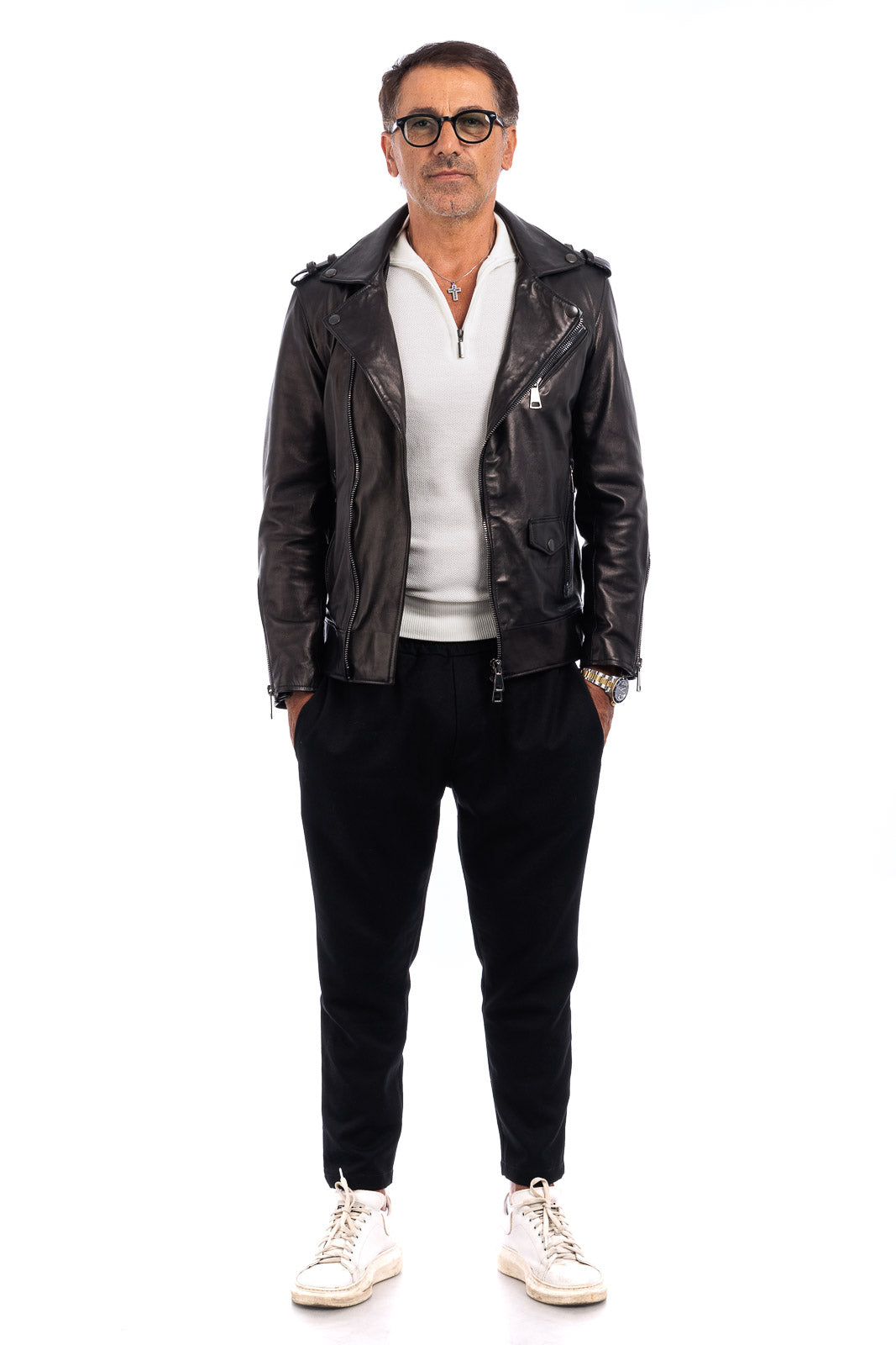 Chiodo in vera pelle uomo con zip nero