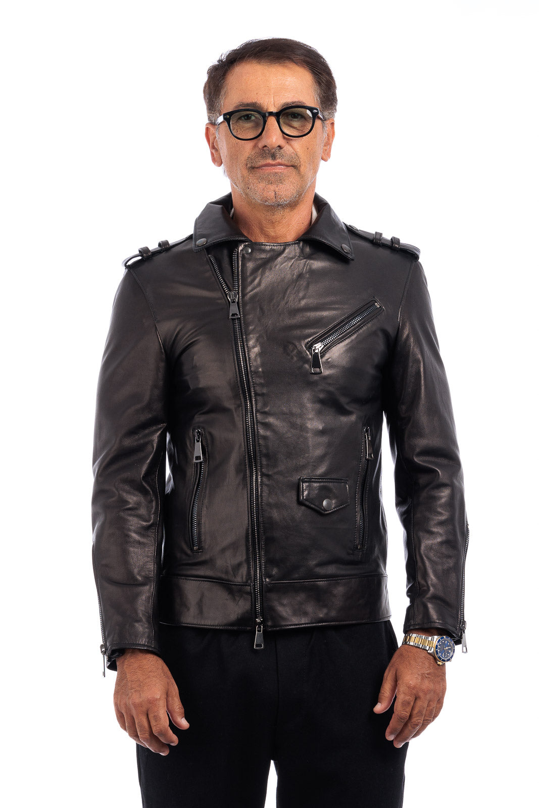 Chiodo in vera pelle uomo con zip nero