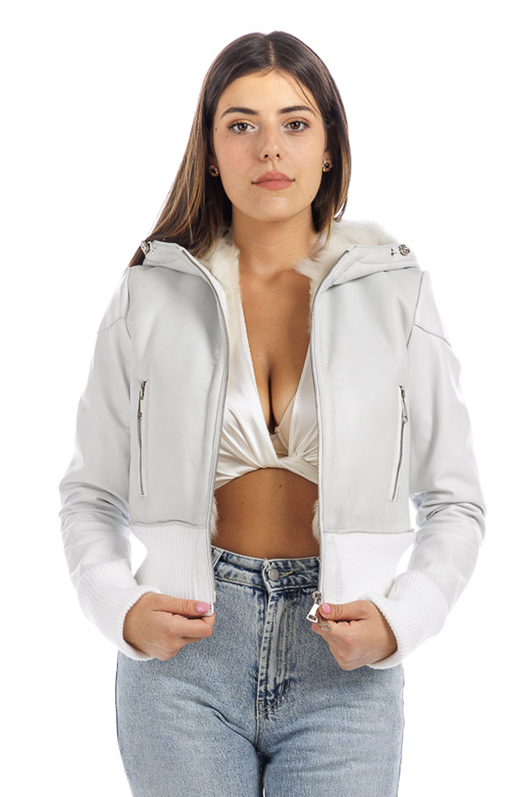 Bomber bianco con cappuccio in montone a pelo lungo