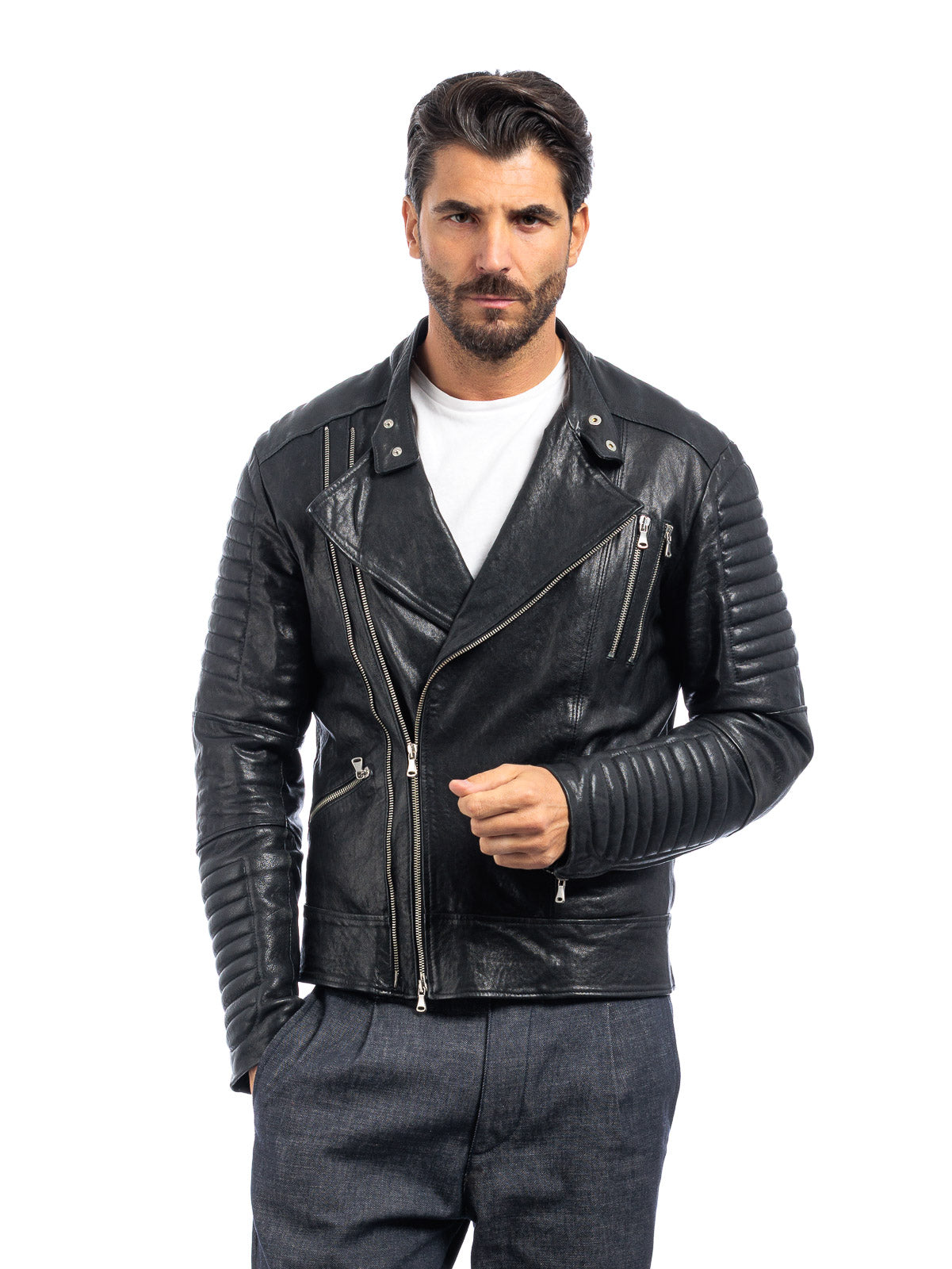 Chiodo in vera pelle uomo con zip nero - linea OVER