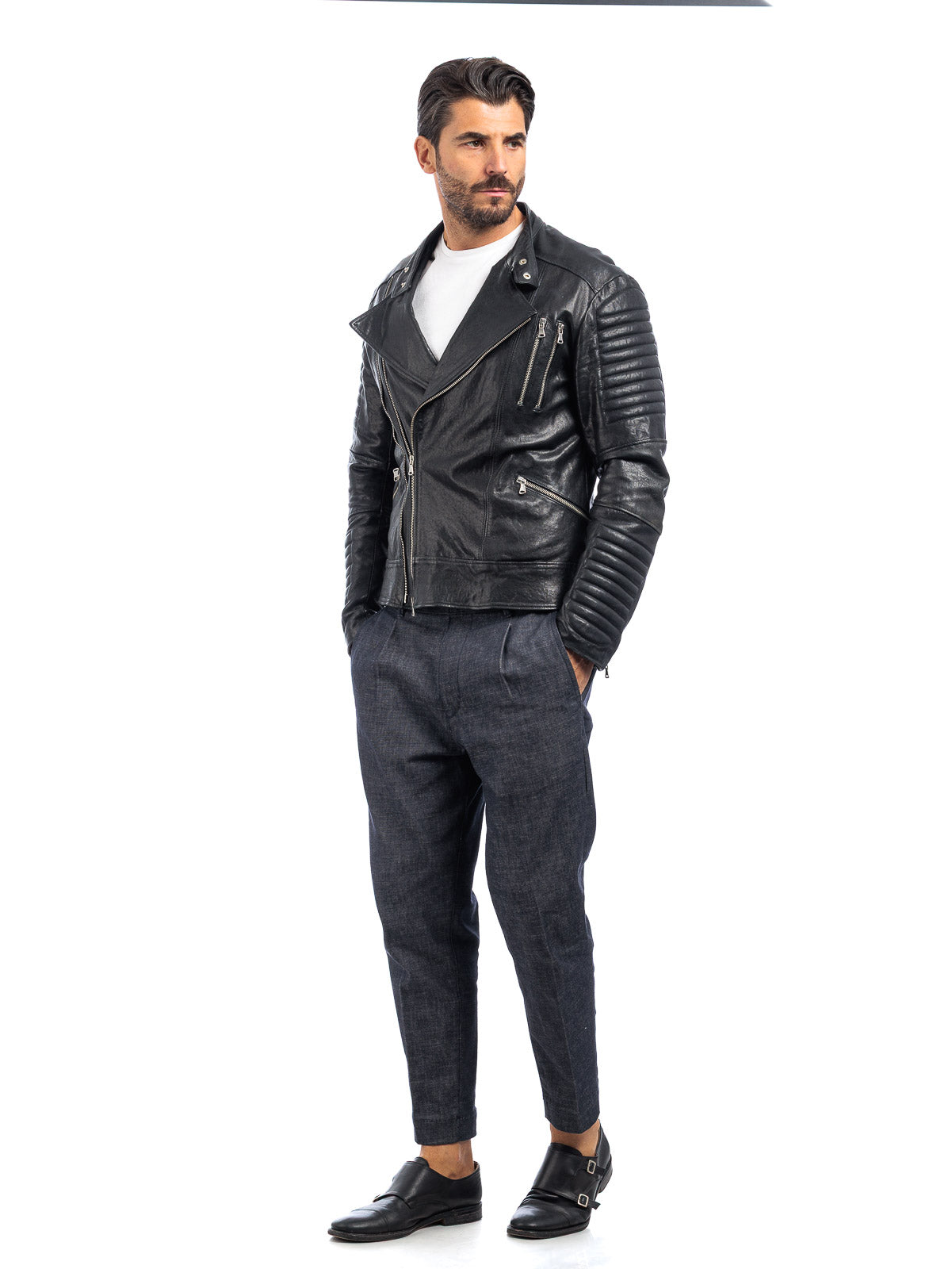 Chiodo in vera pelle uomo con zip nero - linea OVER