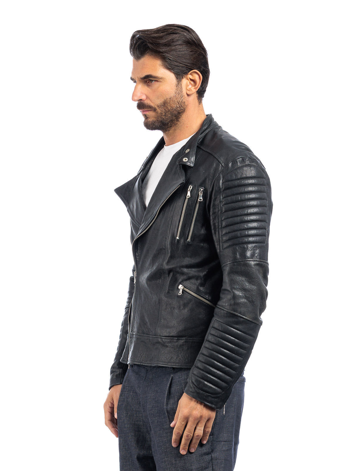 Chiodo in vera pelle uomo con zip nero - linea OVER