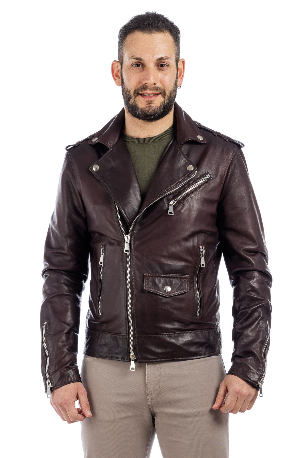Chiodo in vera pelle uomo con zip testa di moro