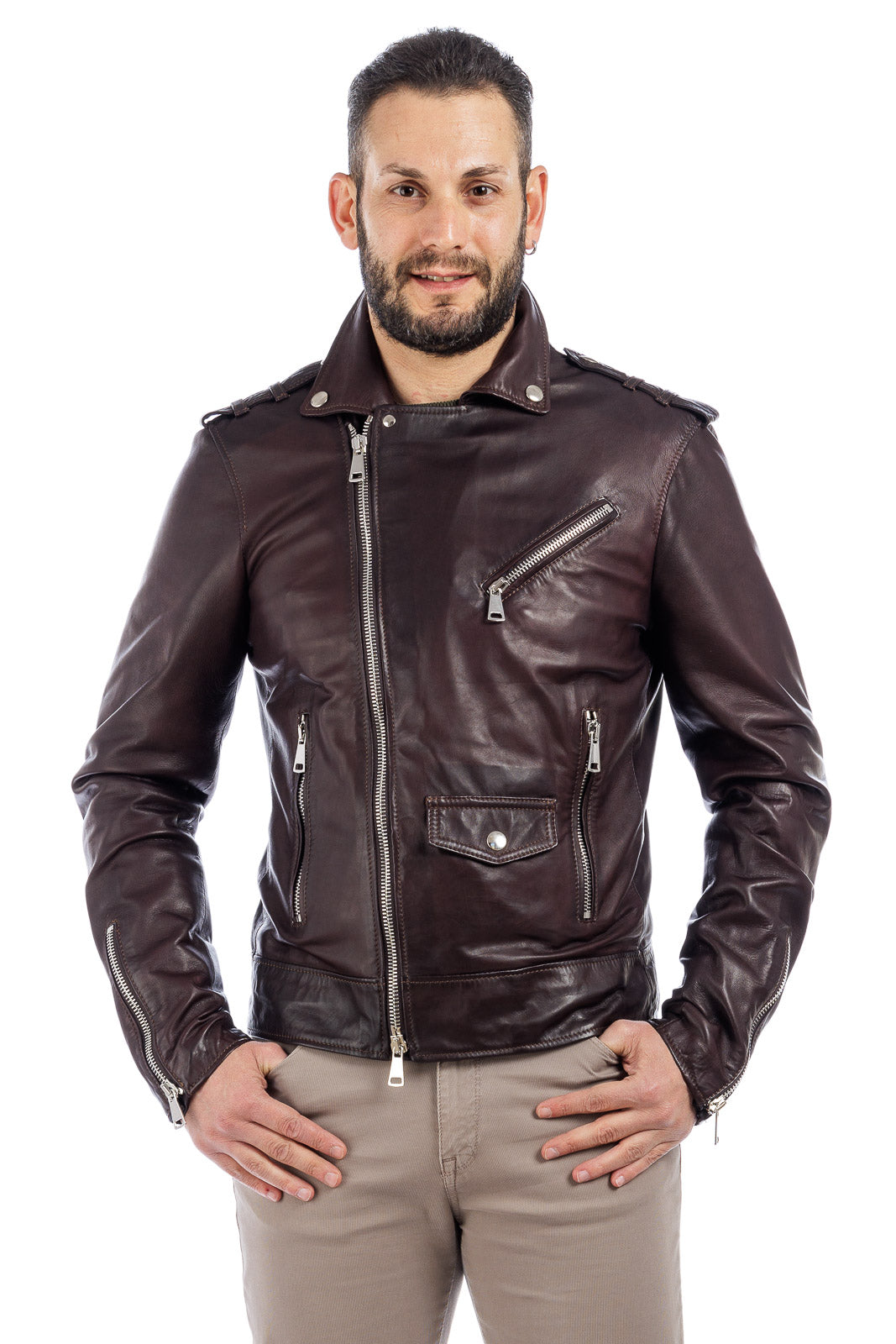 Chiodo in vera pelle uomo con zip testa di moro