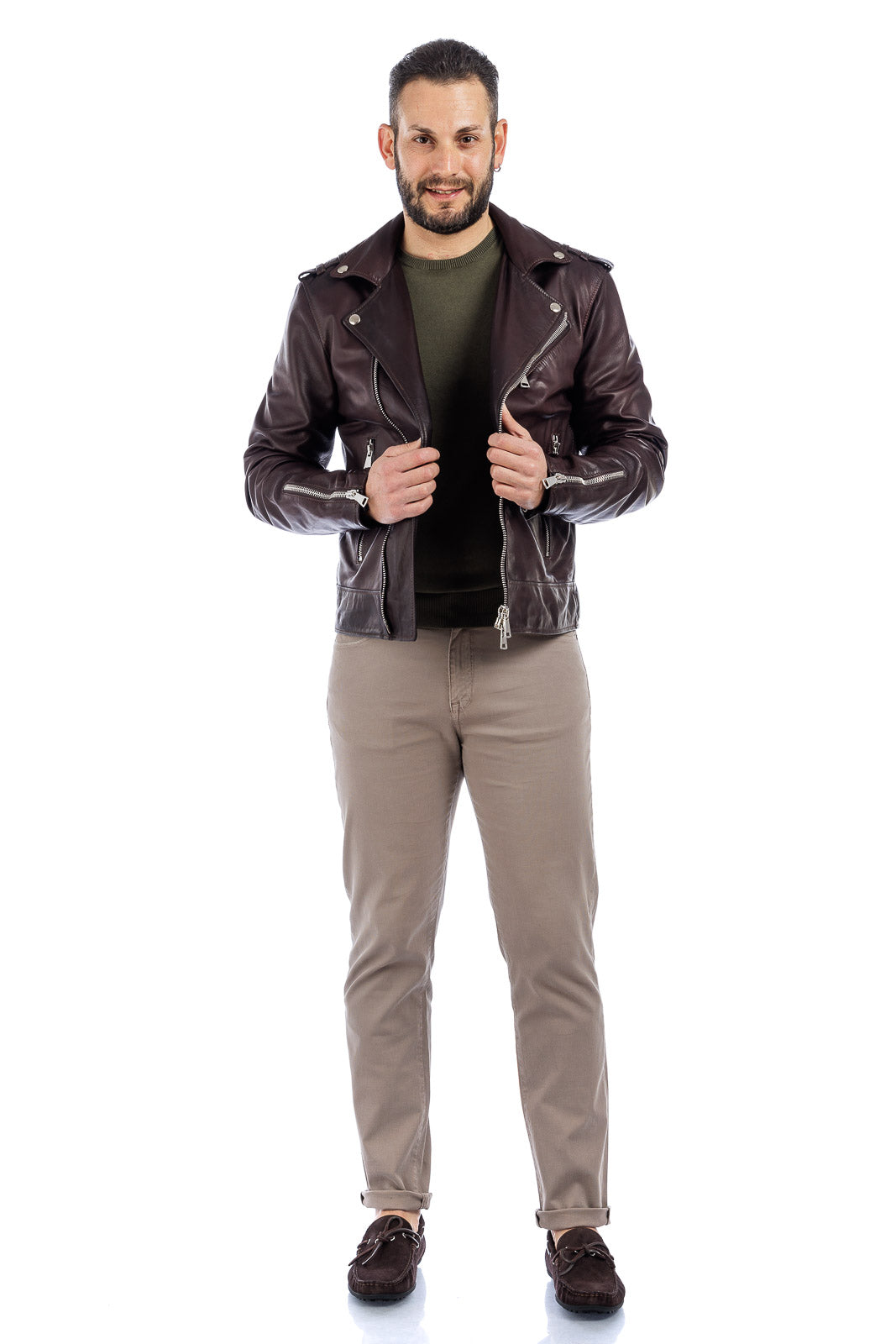 Chiodo in vera pelle uomo con zip testa di moro
