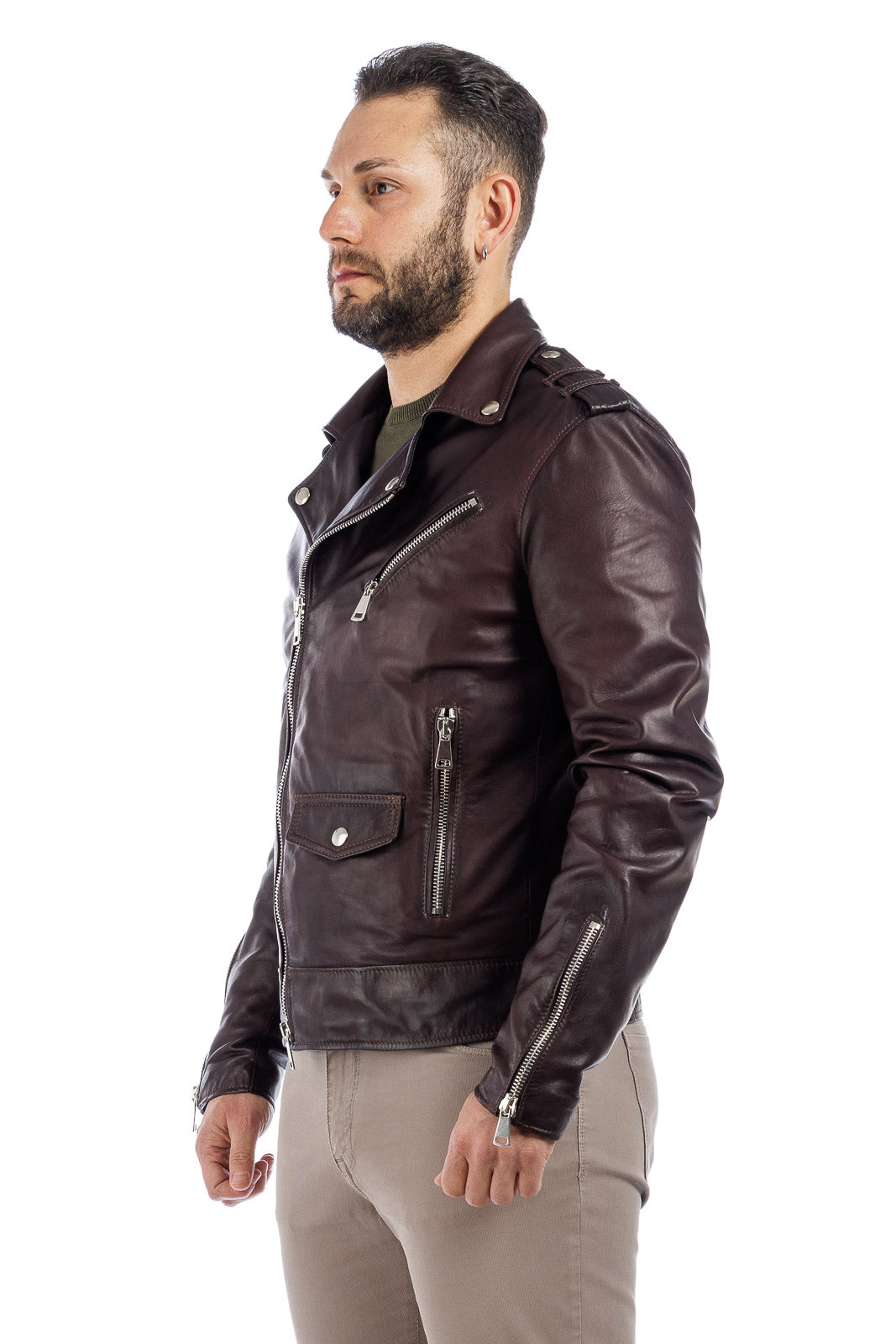 Chiodo in vera pelle uomo con zip testa di moro