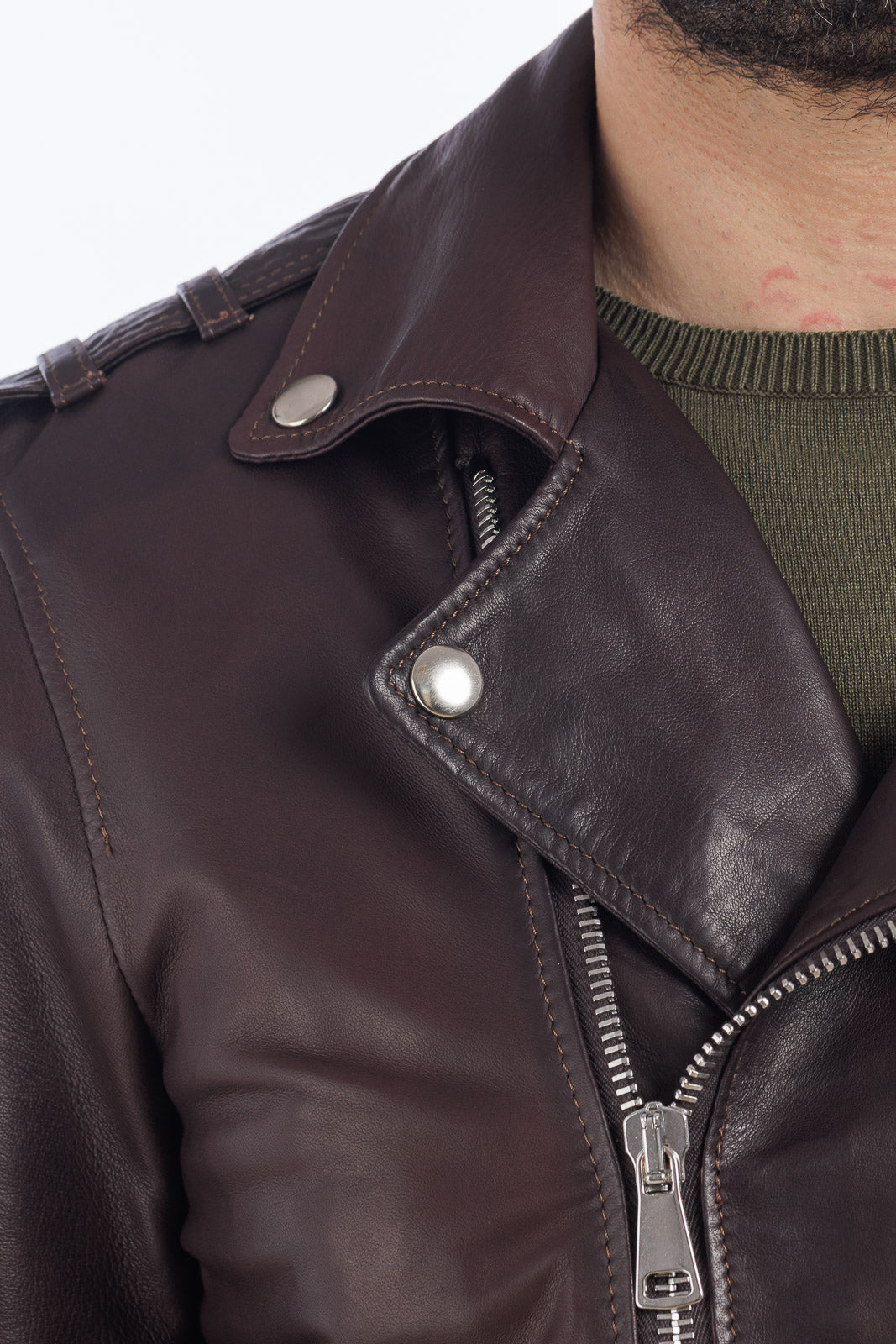 Chiodo in vera pelle uomo con zip testa di moro