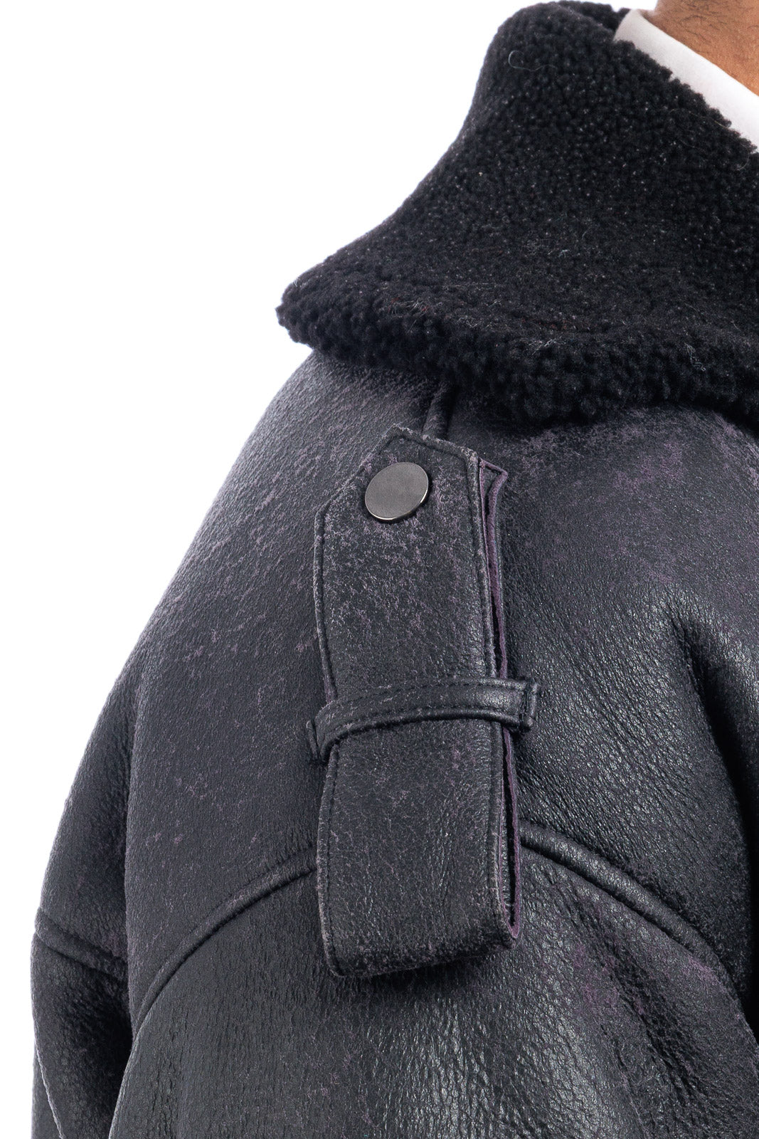 Chiodo lungo nero/viola interamente in montone merinos con zip - linea OVER