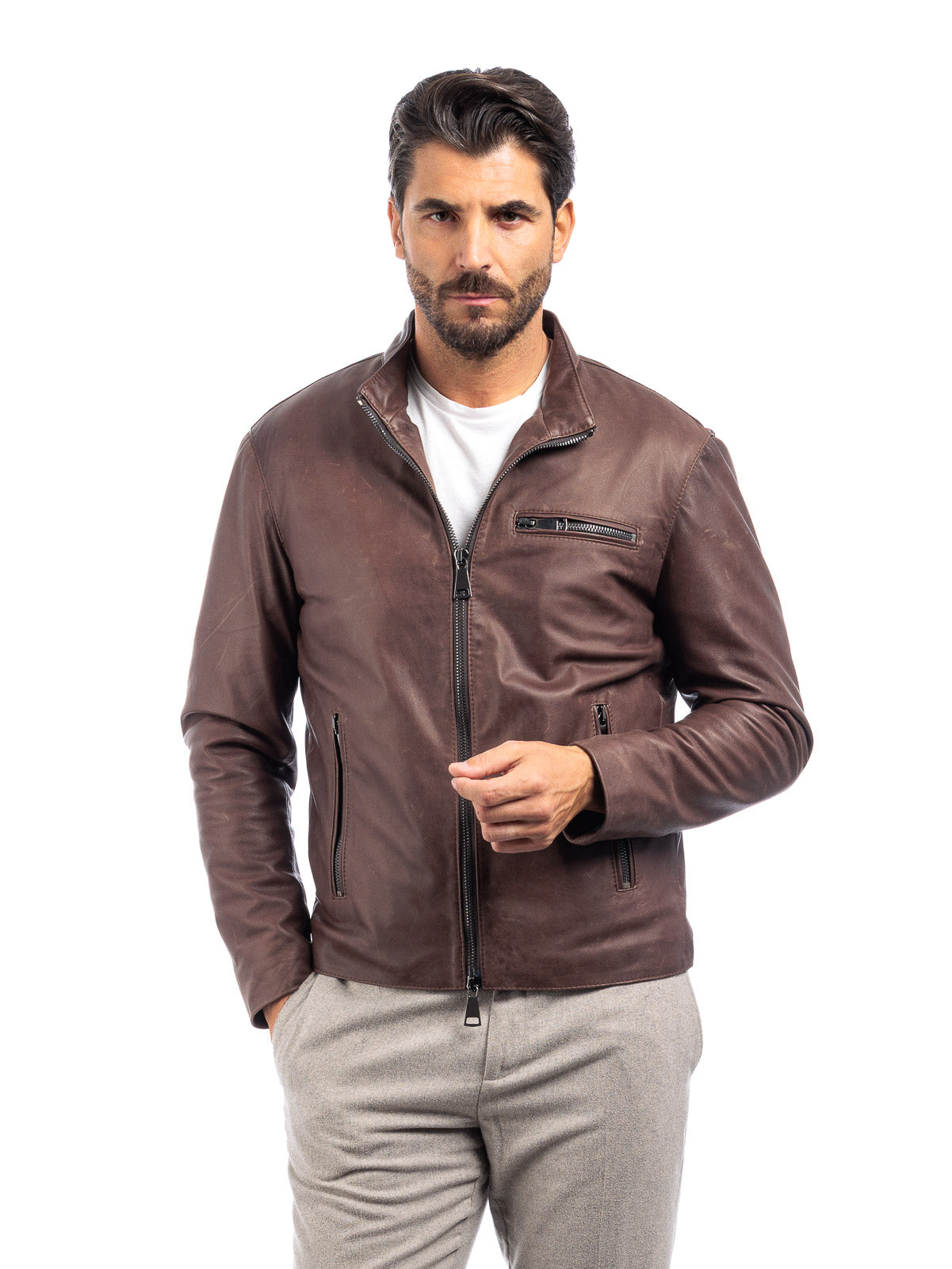 Giacca biker adv in pelle uomo marrone