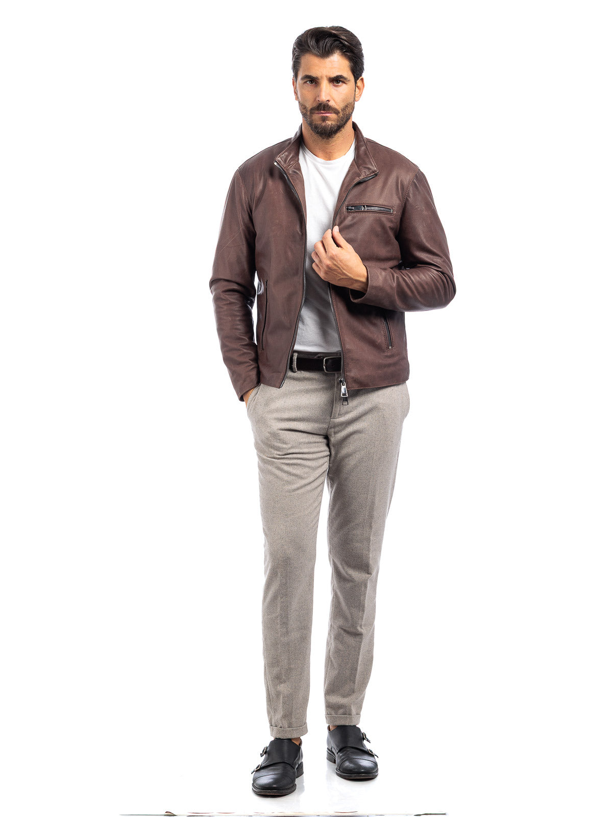Giacca biker adv in pelle uomo marrone