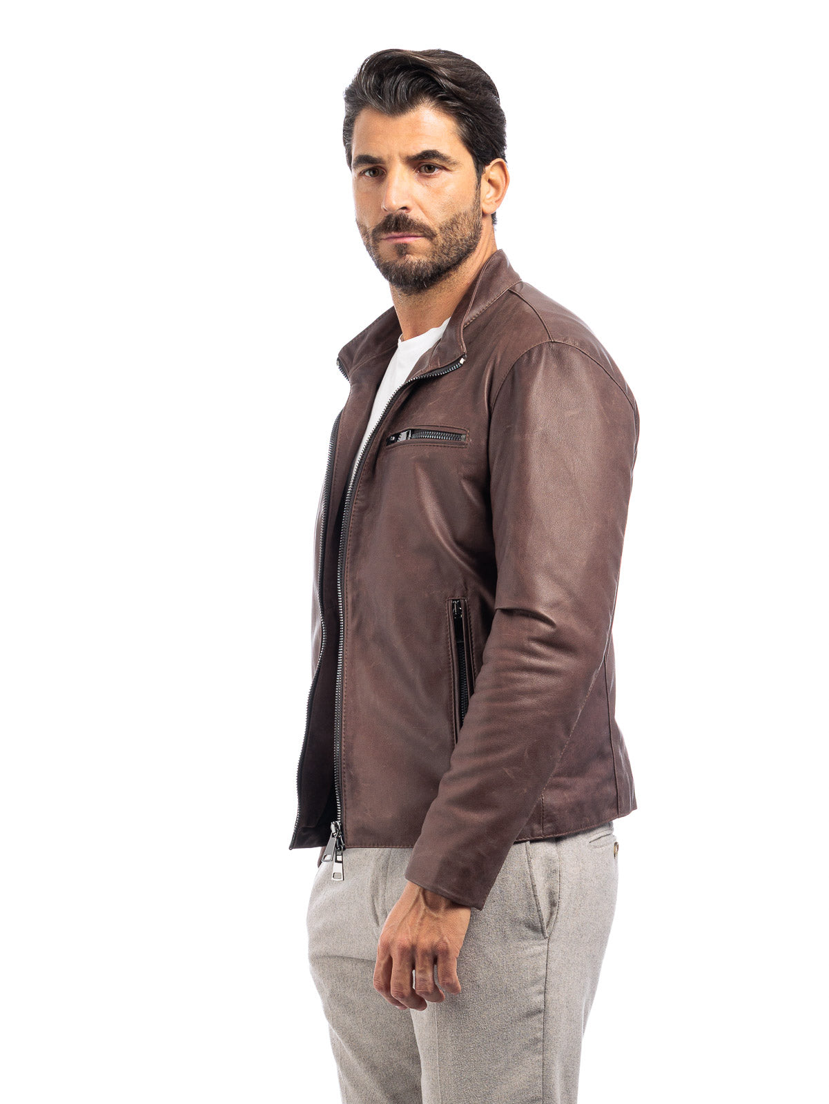 Giacca biker adv in pelle uomo marrone