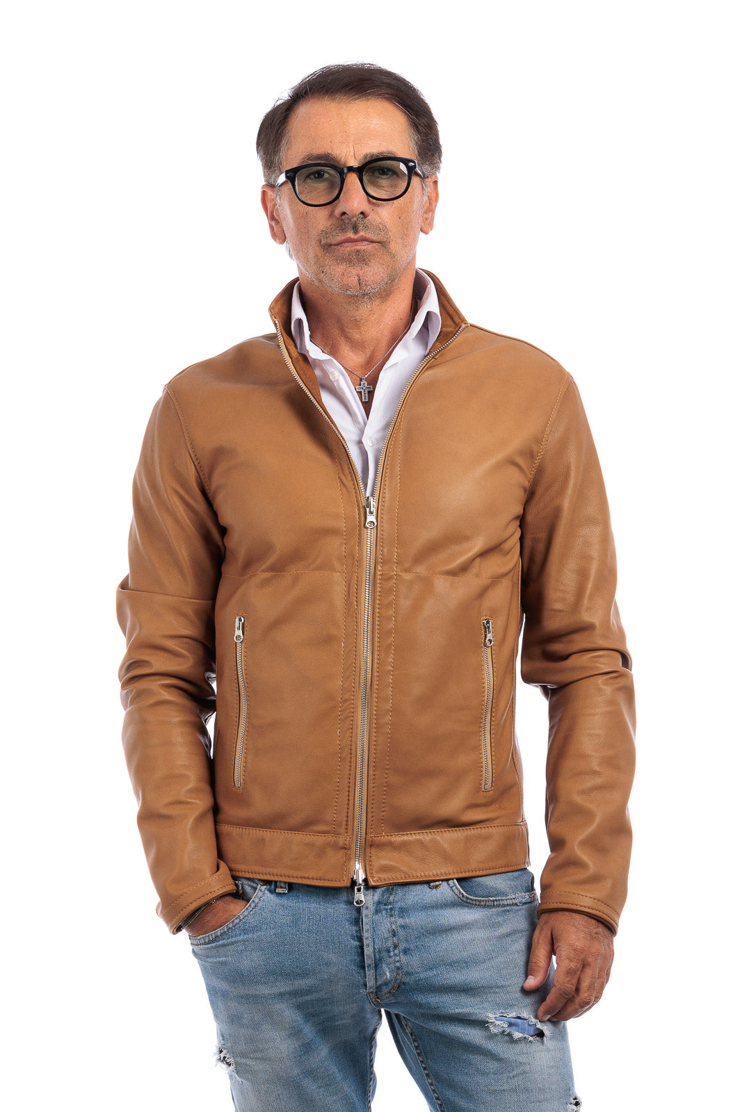 Giacca biker double face in pelle e camoscio uomo biscotto