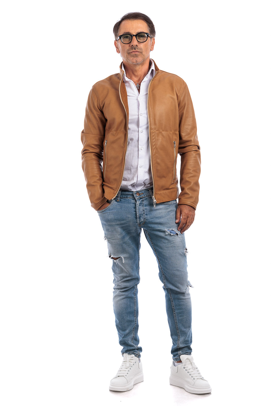 Giacca biker double face in pelle e camoscio uomo biscotto