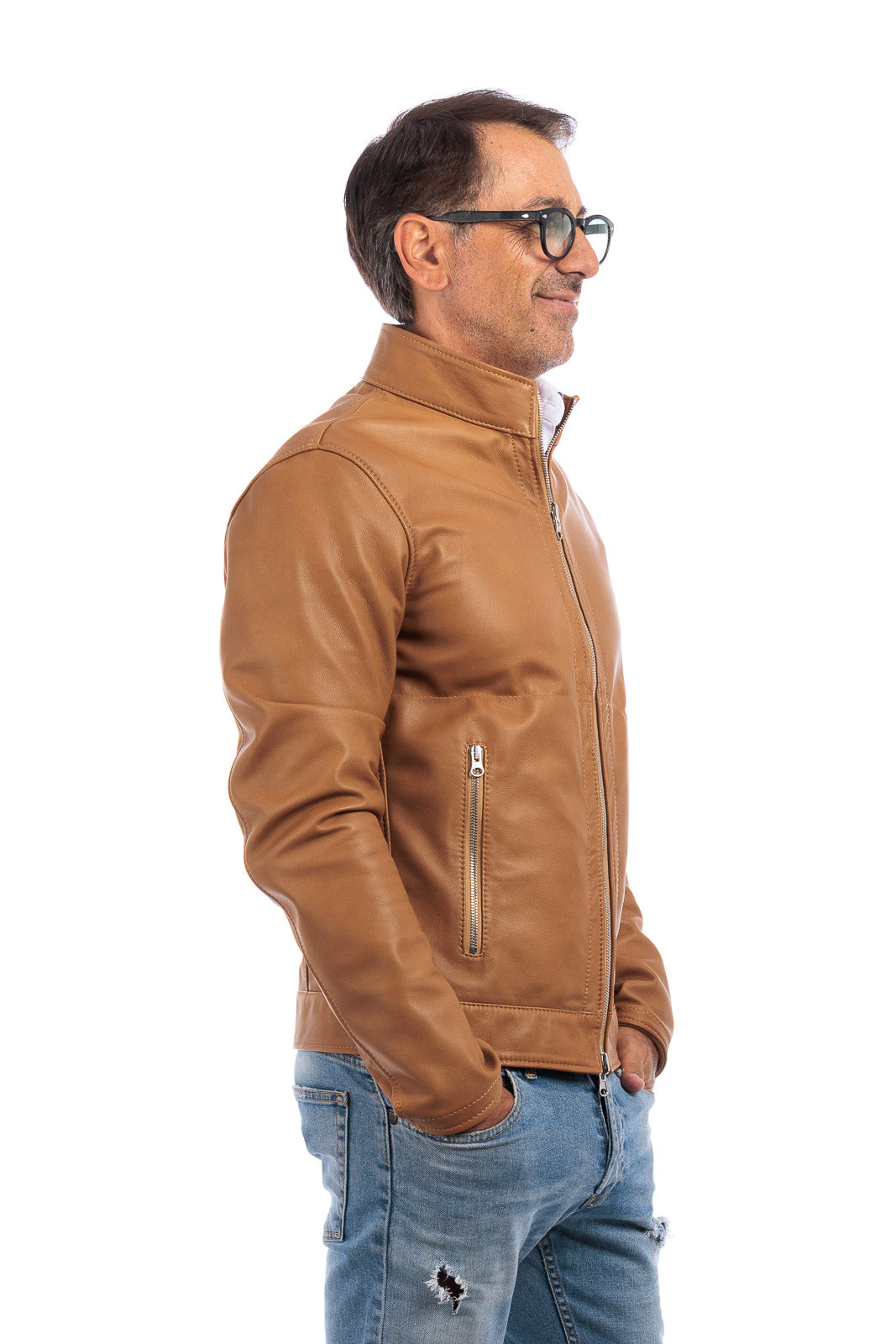 Giacca biker double face in pelle e camoscio uomo biscotto