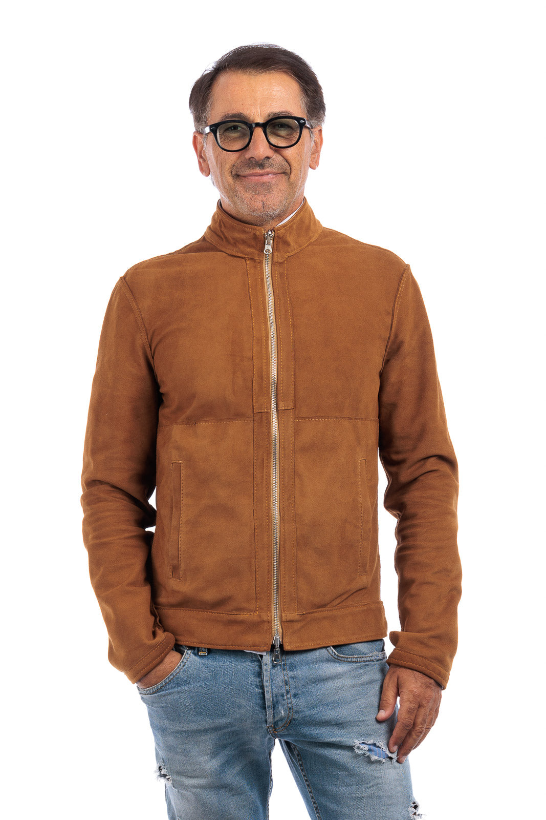 Giacca biker double face in pelle e camoscio uomo biscotto