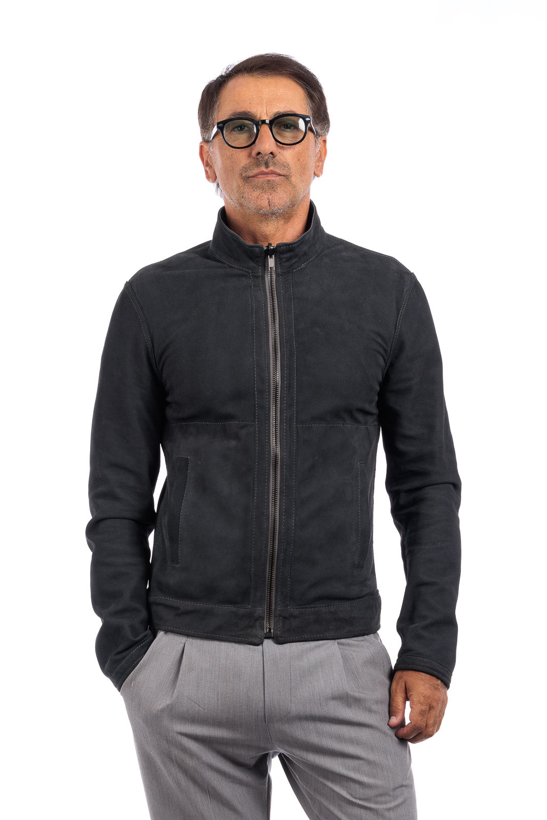 Giacca biker double face in pelle e camoscio uomo grigio