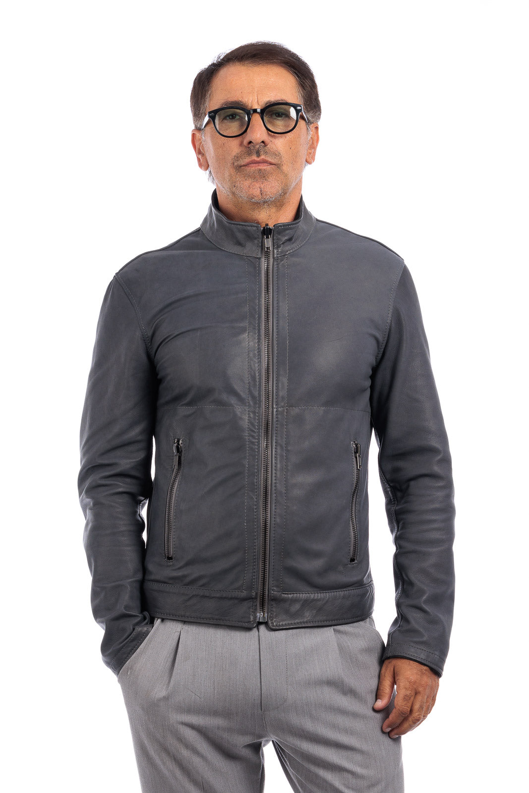 Giacca biker double face in pelle e camoscio uomo grigio