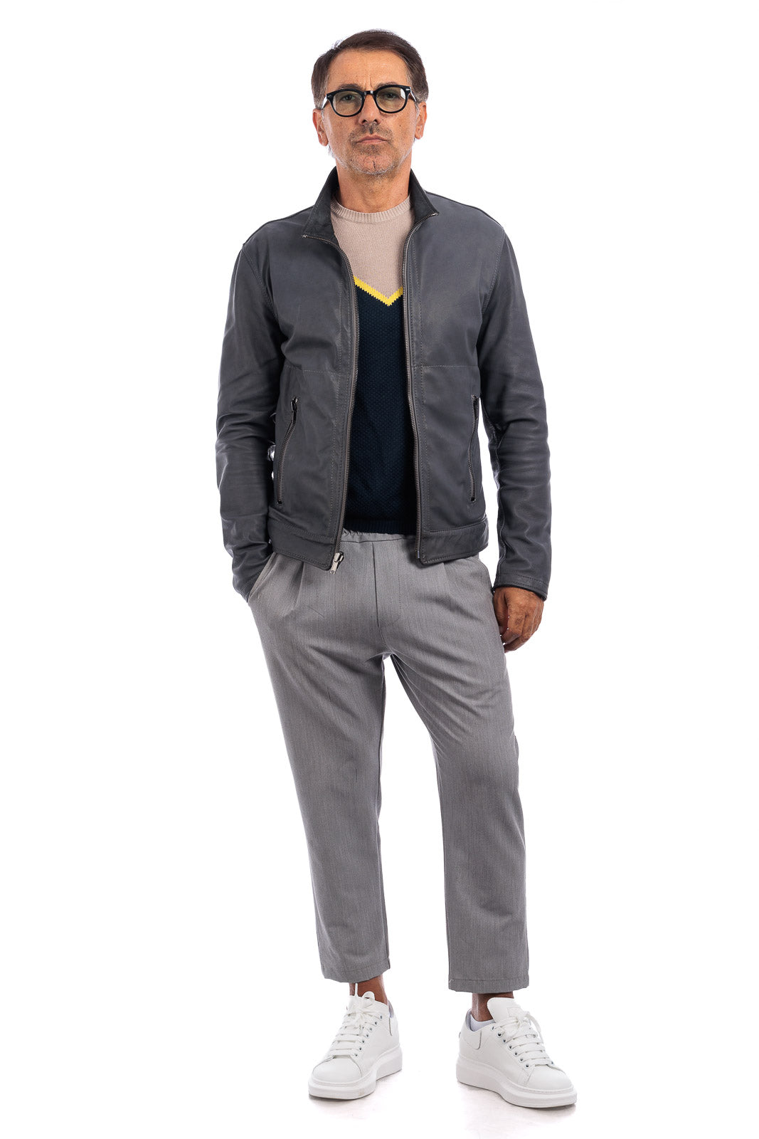Giacca biker double face in pelle e camoscio uomo grigio