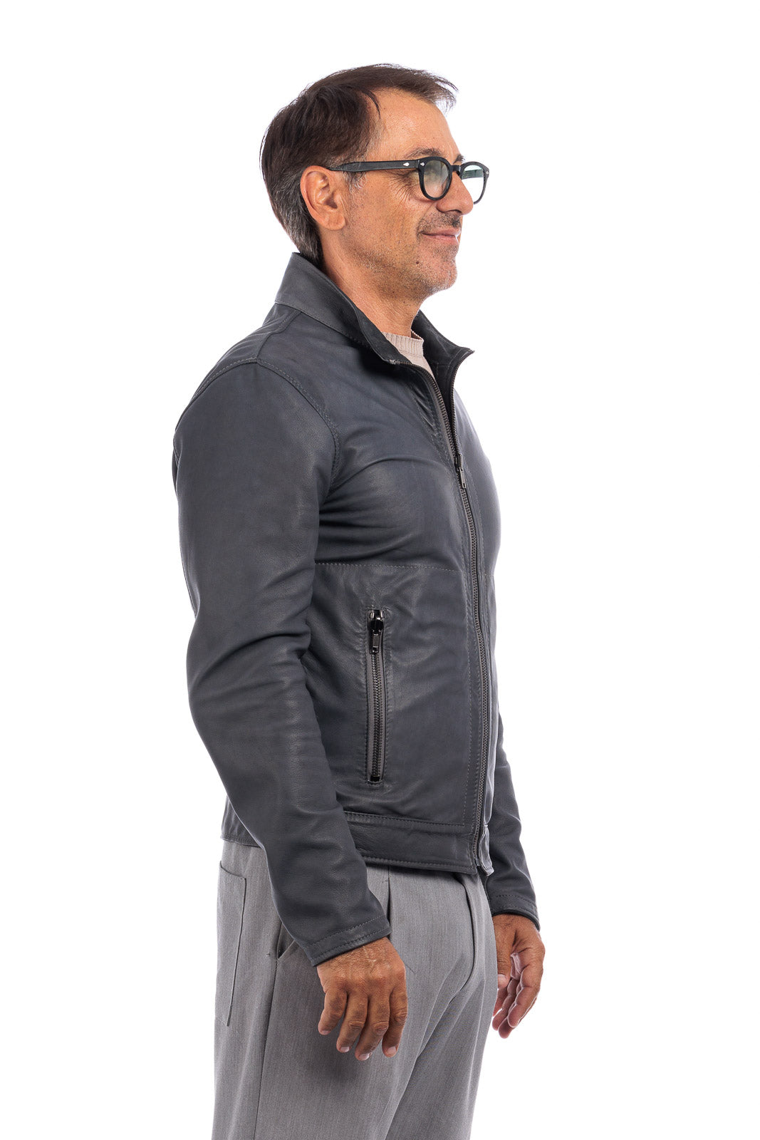 Giacca biker double face in pelle e camoscio uomo grigio