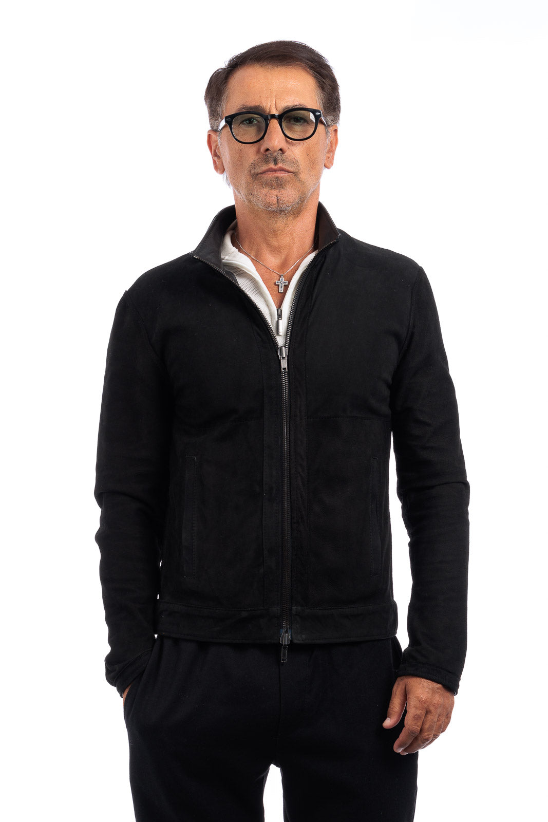 Giacca biker double face in pelle e camoscio uomo nero