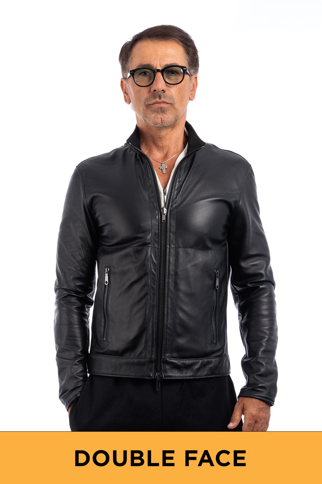 Giacca biker double face in pelle e camoscio uomo nero