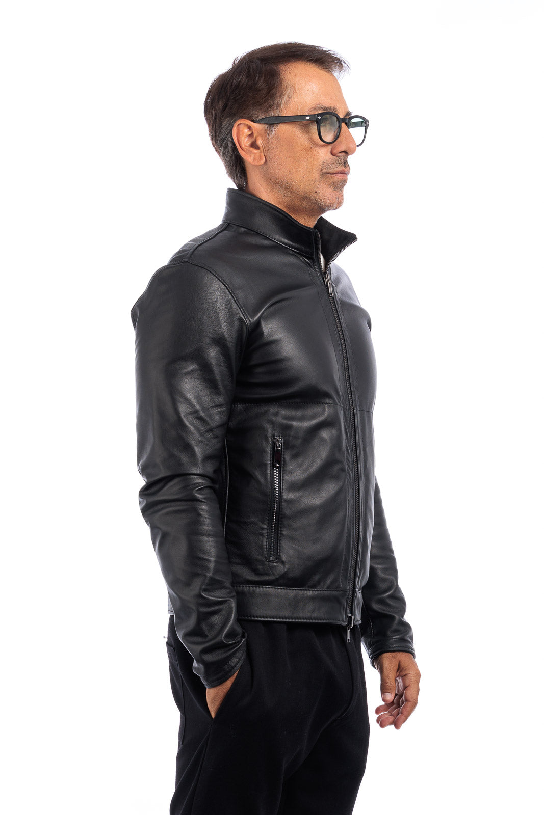 Giacca biker double face in pelle e camoscio uomo nero
