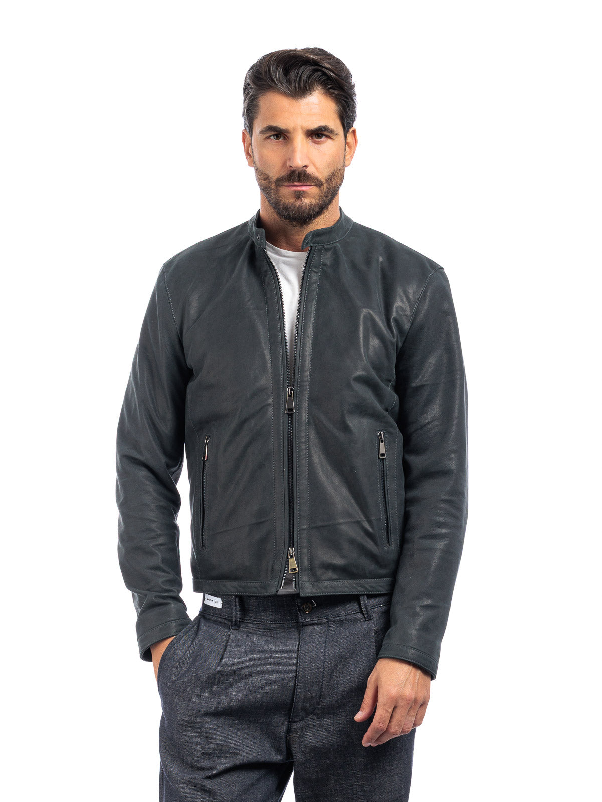 Giacca biker in pelle uomo grigio