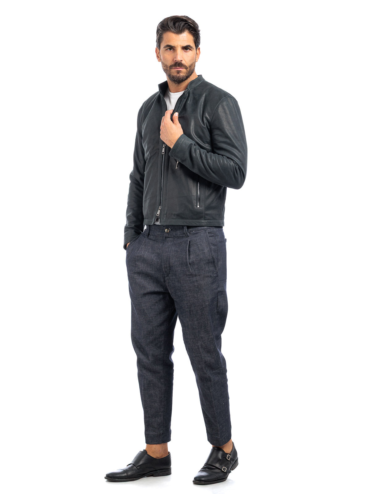 Giacca biker in pelle uomo grigio