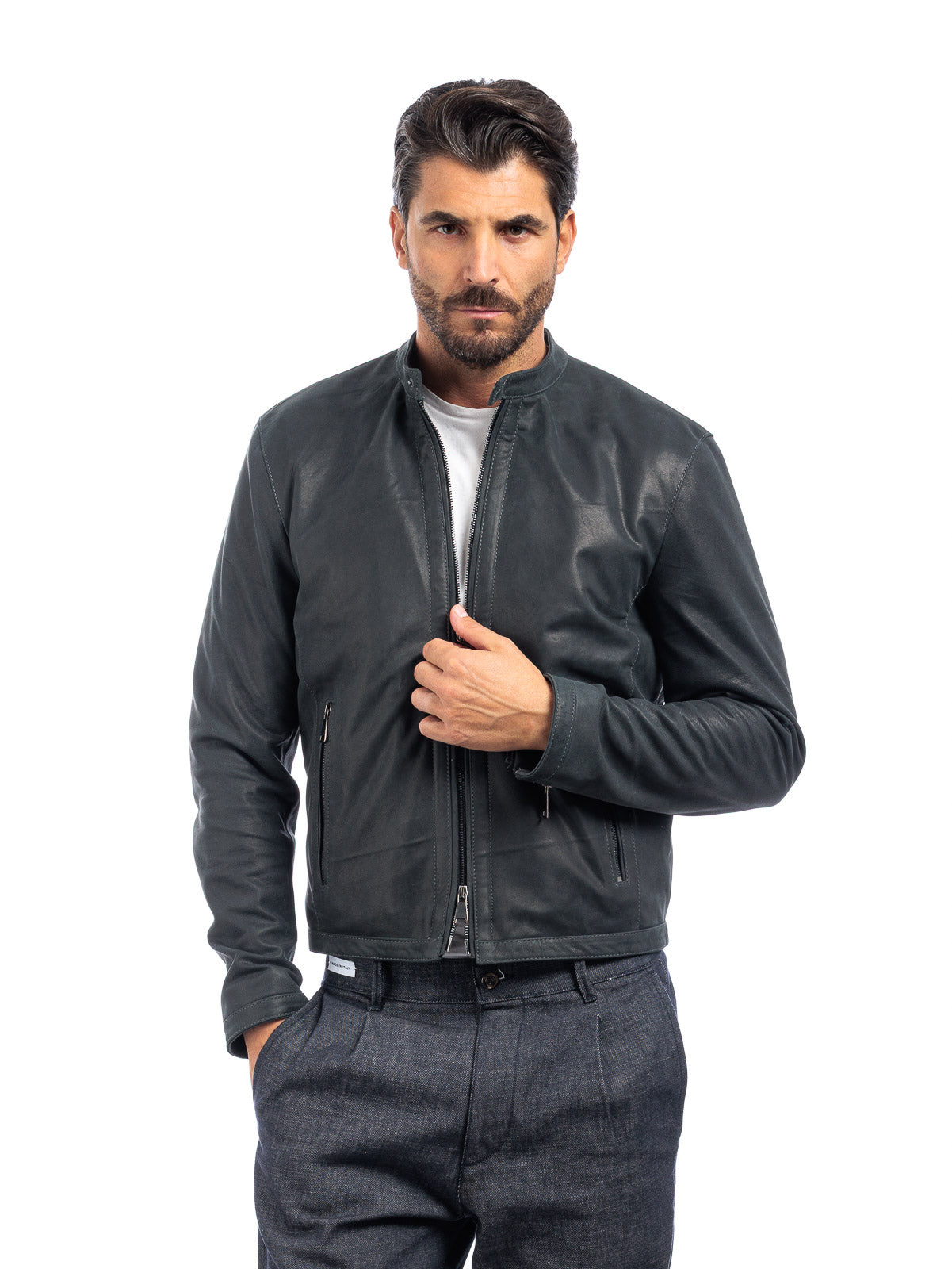 Giacca biker in pelle uomo grigio