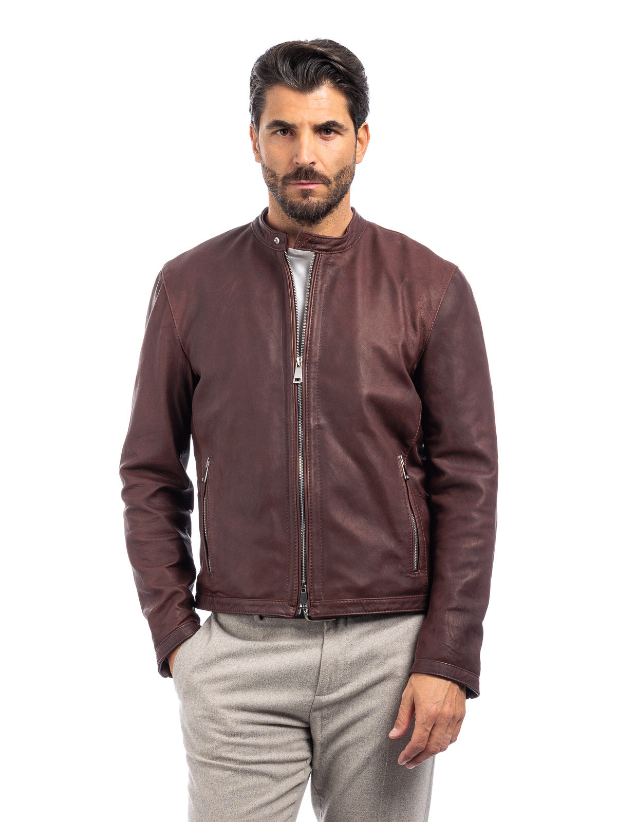 Giacca biker in pelle uomo marrone