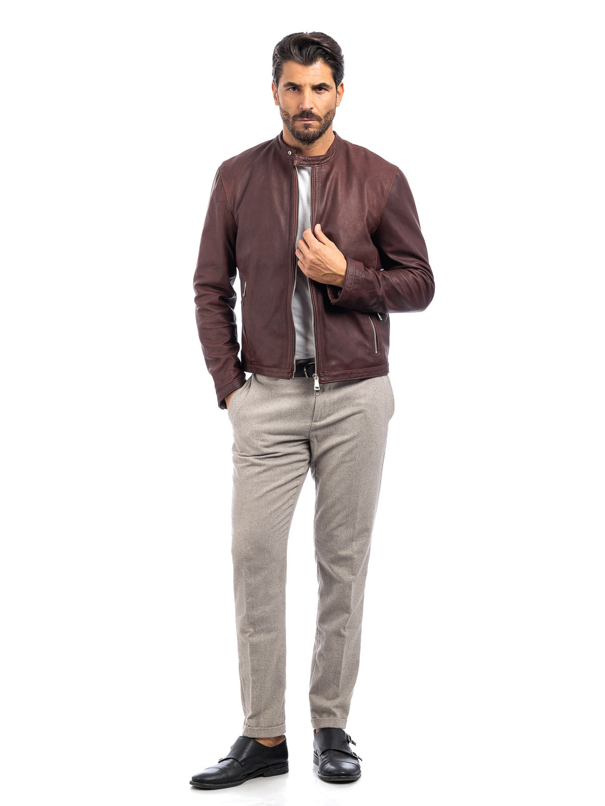 Giacca biker in pelle uomo marrone