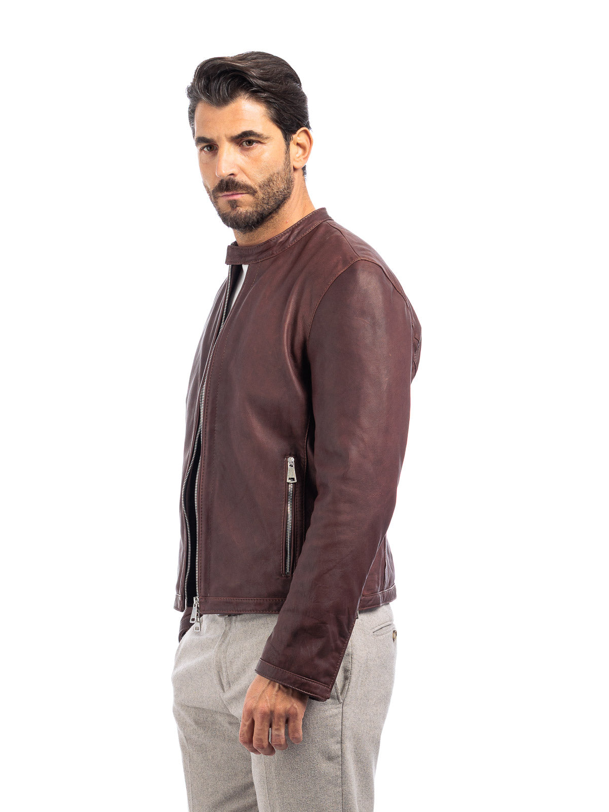 Giacca biker in pelle uomo marrone