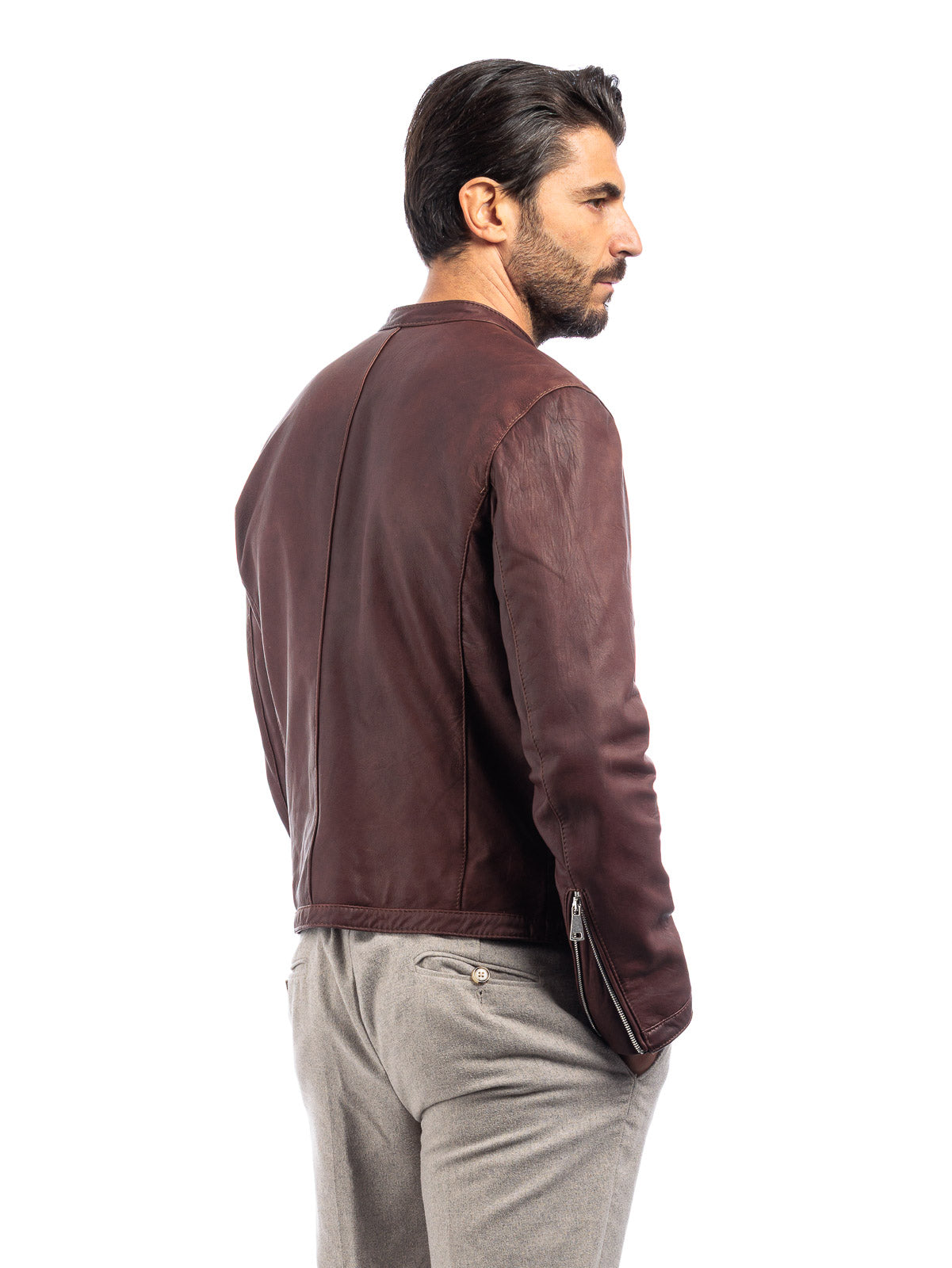 Giacca biker in pelle uomo marrone