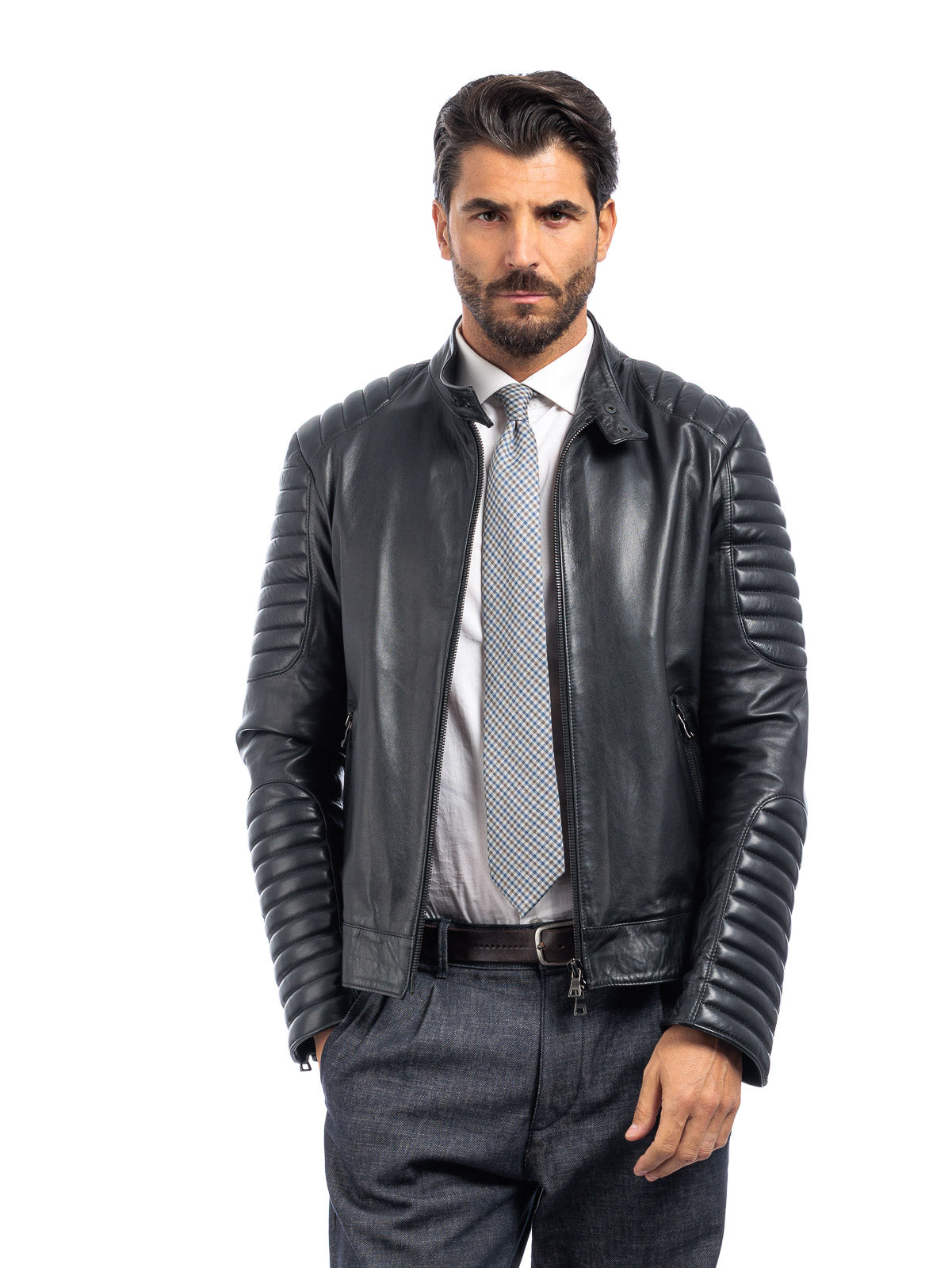 Giacca biker in pelle uomo nero - linea OVER